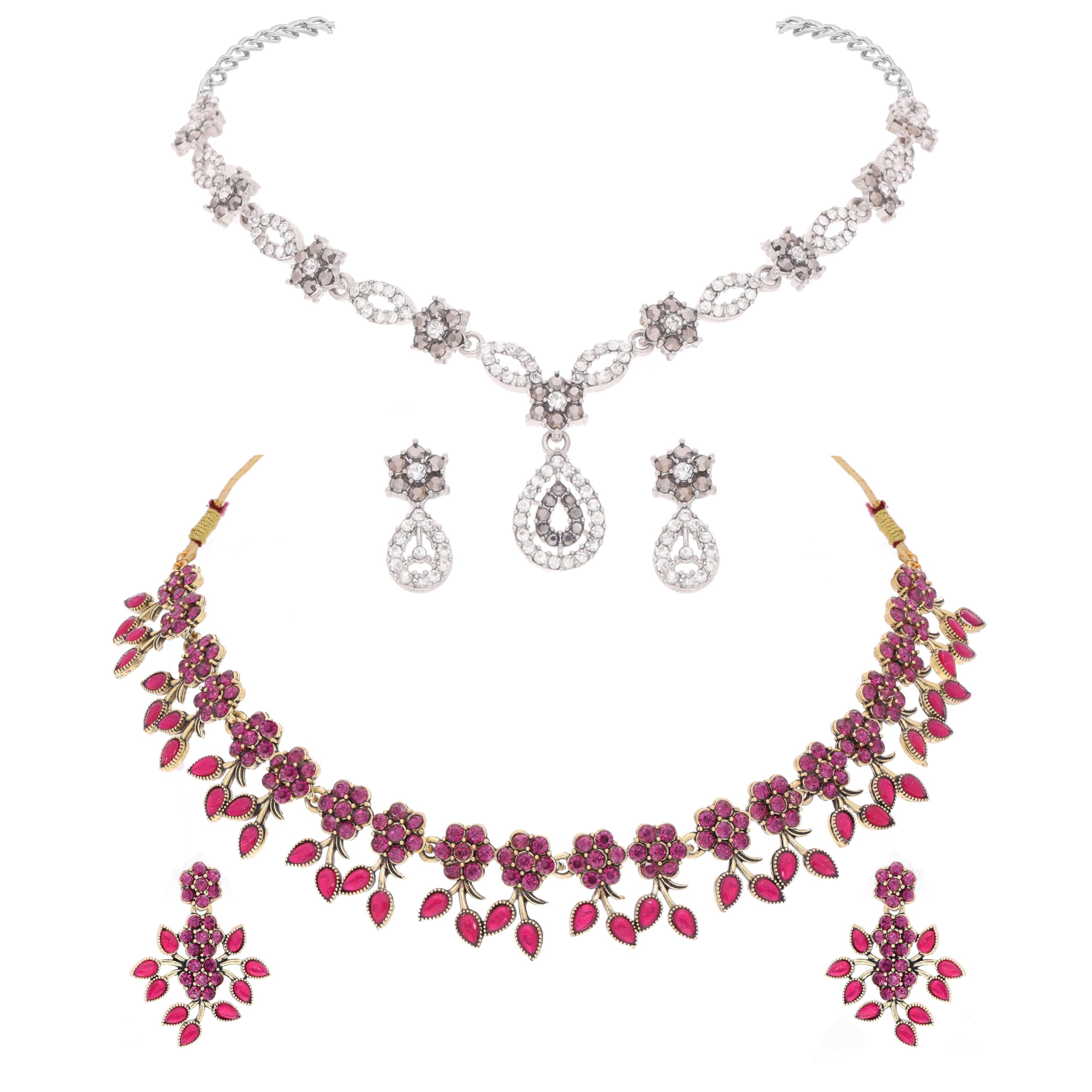Brado Jewellery Rose Gold & Silver Polish with AD Stone Studded Flower Design Choker Necklace Jewellery Combo set for Women and Girls - for wedding party (B0D83Y34LK) Amazon Price History, Amazon Price Tracker