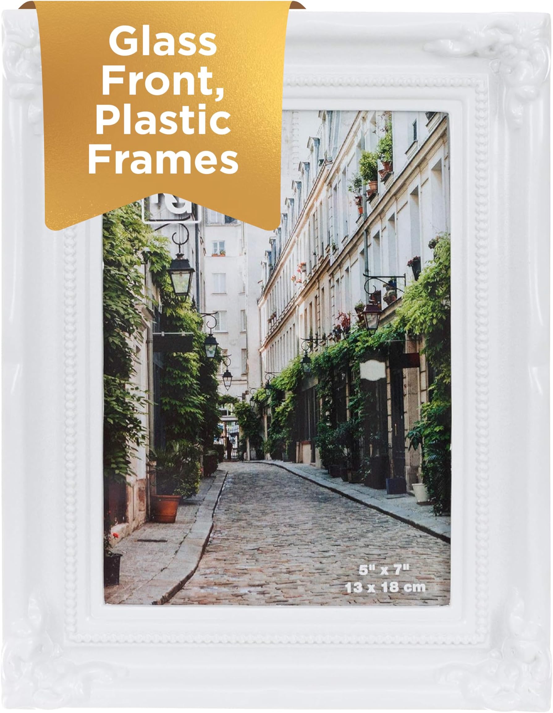 Kiera Grace Georgia Picture Frame, Holds a 5" x 7" Photo, 7" x 9" Large Plastic Picture Frame for Wall Hanging and Photo Display, White