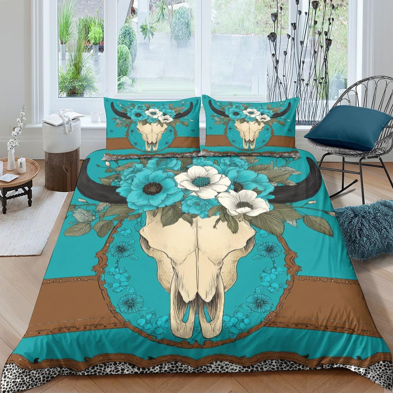 Ctjqhvkz Style-10 3D Printed Floral Skull Fitted Sheet Microfiber Soft Breathable Western Cow Bed Cover For Bedroom Decor Protection Single（135X200cm）
