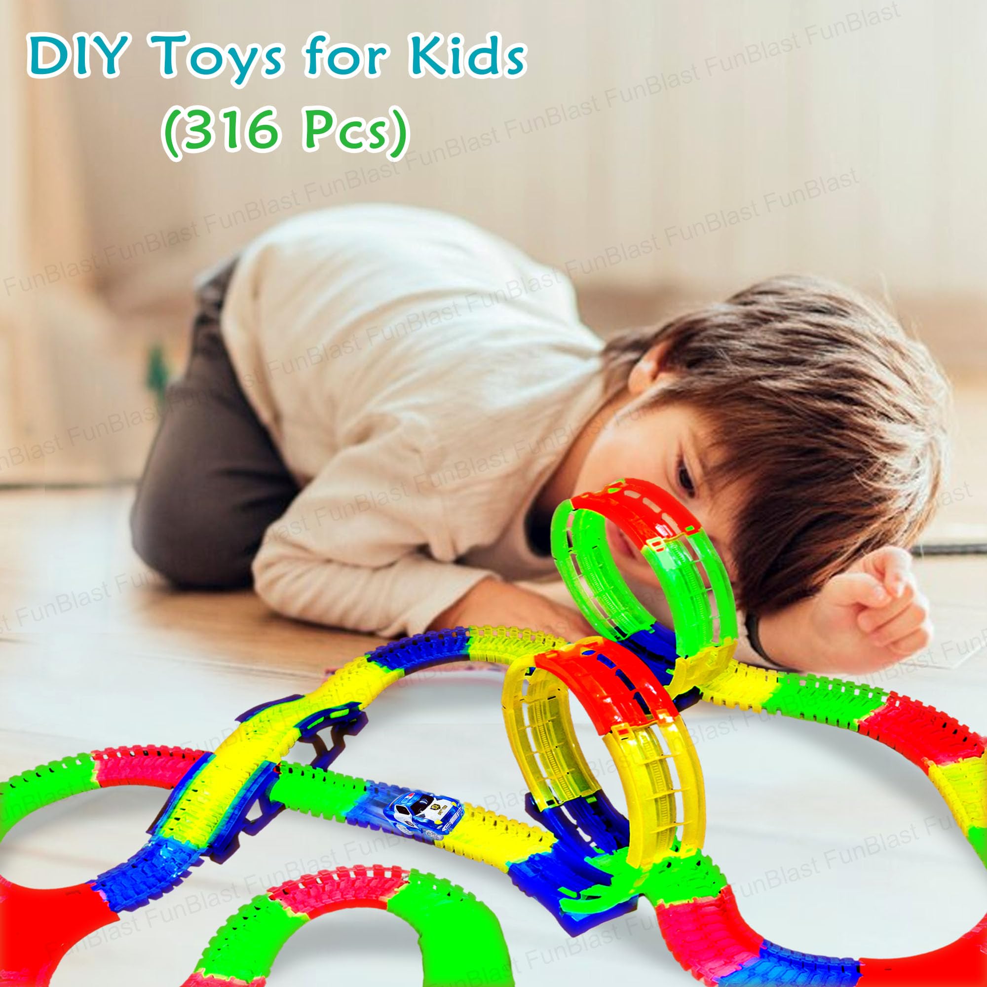 FunBlast Glow in The Dark Track Set Toy - Flexible and Bendable Glow in The Dark Twister Track Toy Set with LED Lights Racing Car, DIY Toys for Boys, Girls, Kids (316 Pcs) 1