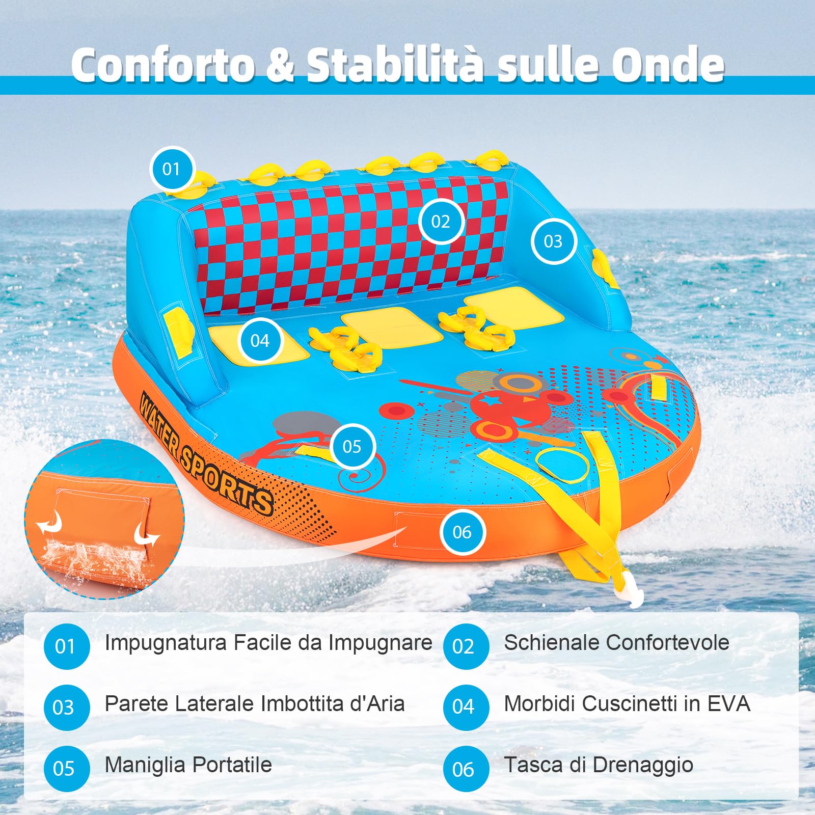 COSTWAY Tube Trainabile per Barche 3 Posti, Trainabili Sportivi per Acqua, Divano Trainabile con Copertura, Punti di Traino Anteriore e Posteriore, Tube Gonfiabile per Trainare Gente sull'Acqua