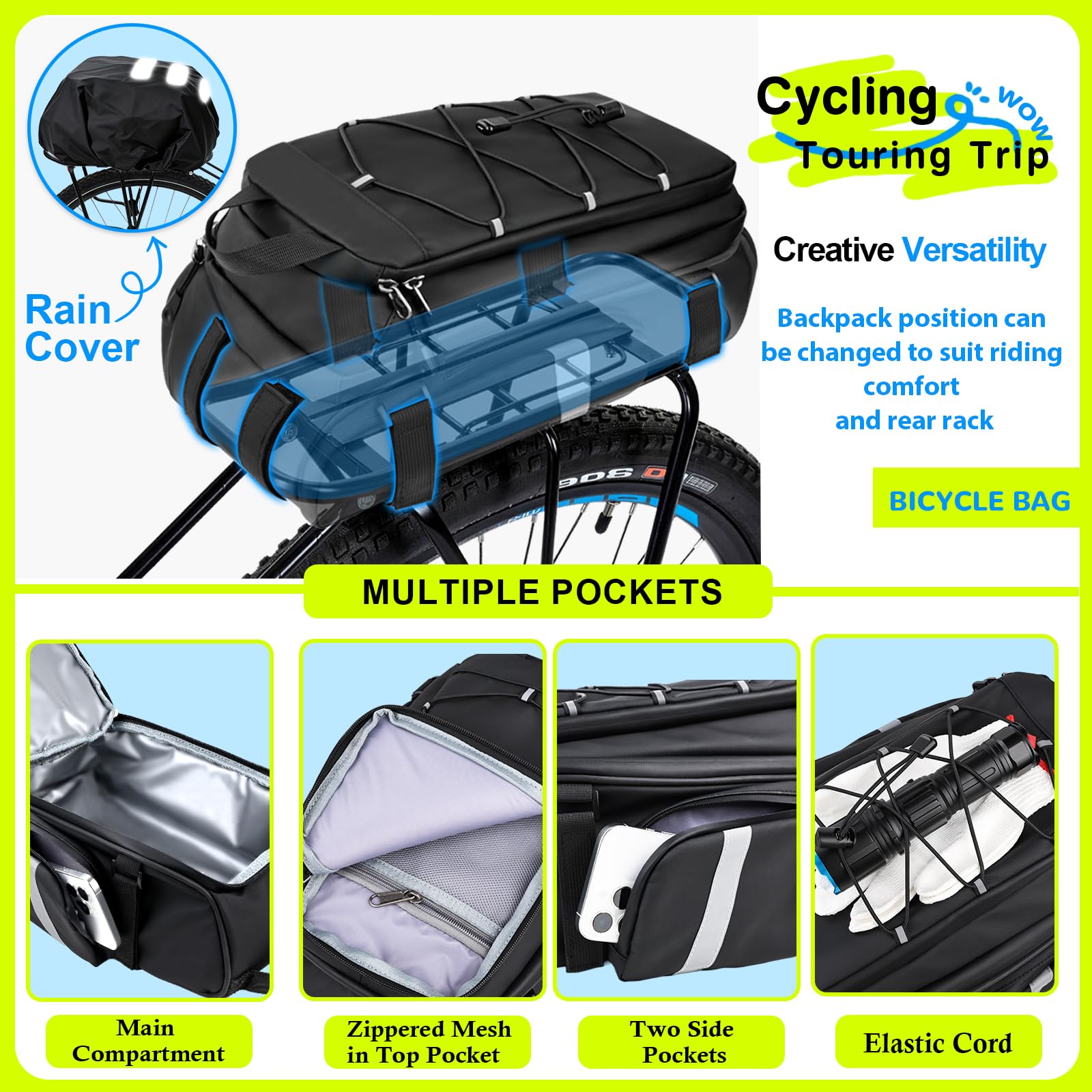 Desing Wish 15L 3IN1 Fahrradtaschen Gepäckträger Gepäckträgertasche Rucksack Wasserdicht Fahrradtasche Isoliertasche Kühltasche Fahrrad Taschen Hinten Packtaschen Fahradtaschen Zubehör mit Regenschutz Sport & Freizeit