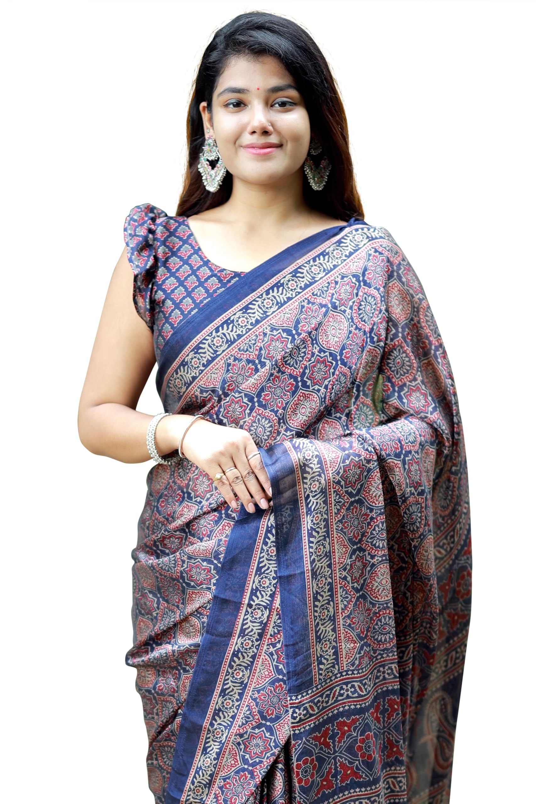 mirchi fashion Saree for Woman | Chiffon Ajrakh Printed Traditional Festive Sari with Blouse-picture-32