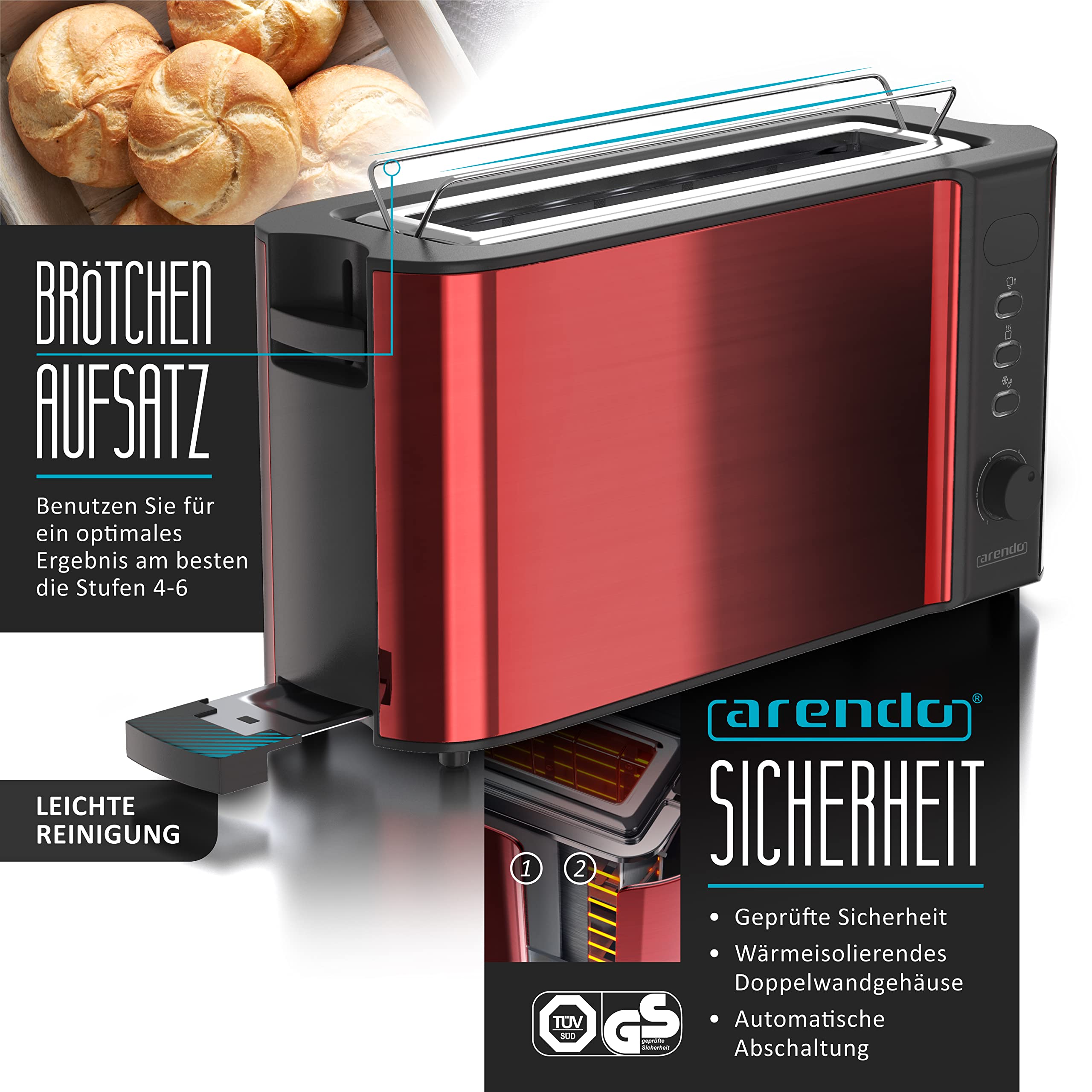 Arendo Wasserkocher Toaster Eierkocher Set Edelstahl Temperatureinstellung 2 Scheiben Langschlitz 1-7 Eier Rot