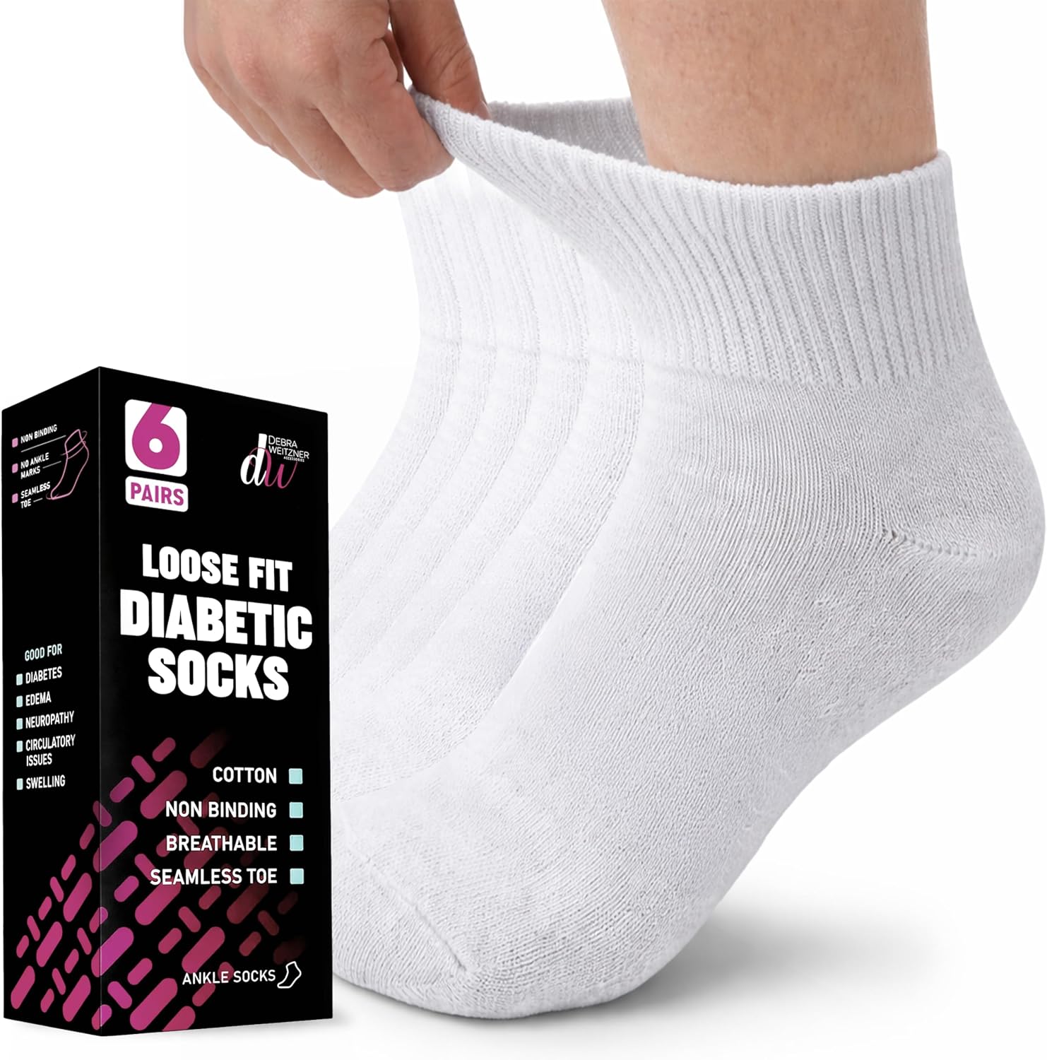 Diabetic Ankle Socks Mens Womens Non-Binding Socks Loose Fit 6 Pairs Debra Weitzner