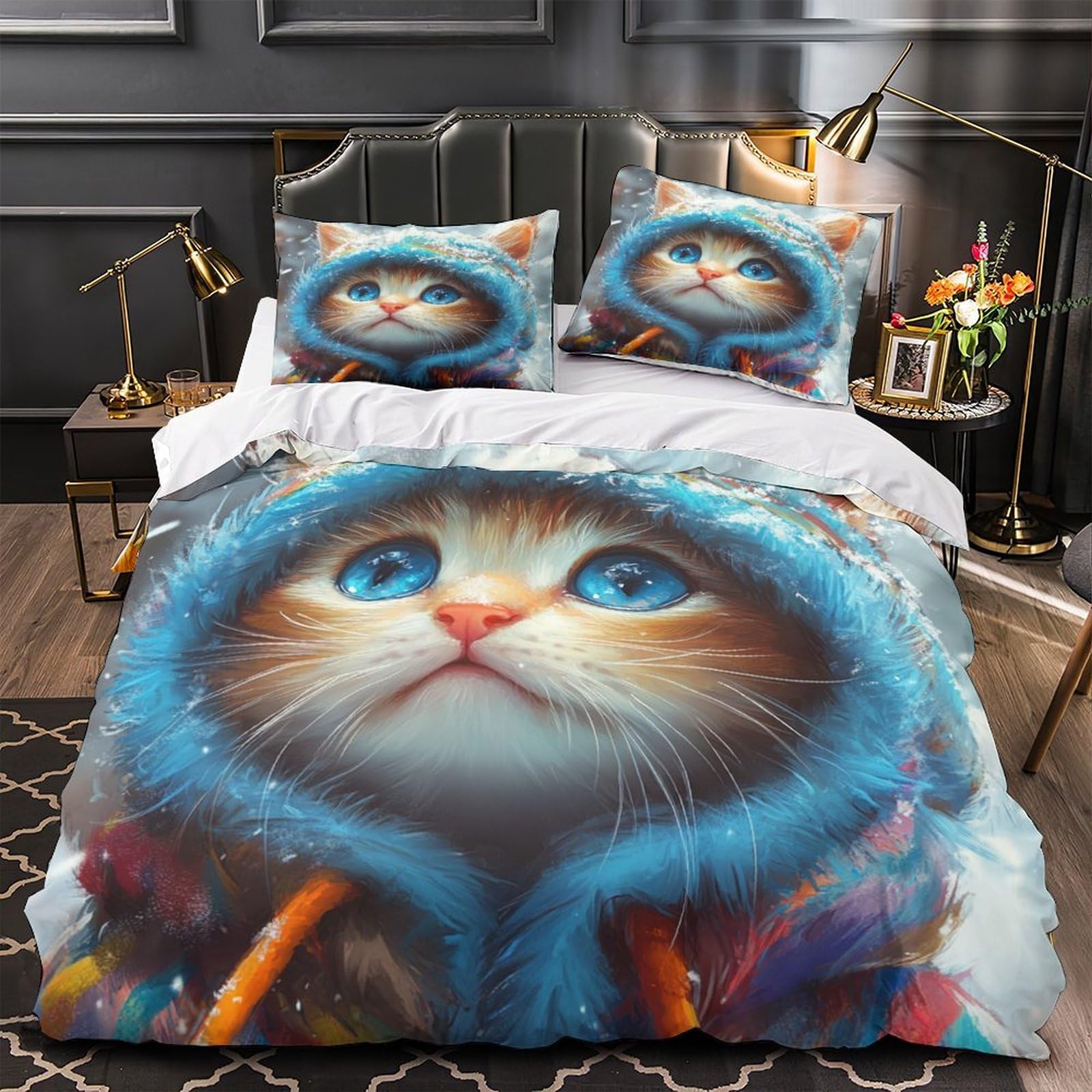 Housse de Couette Chaton Mignon 3D Microfibre Anti-Tache Lit Super King 260x220 cm