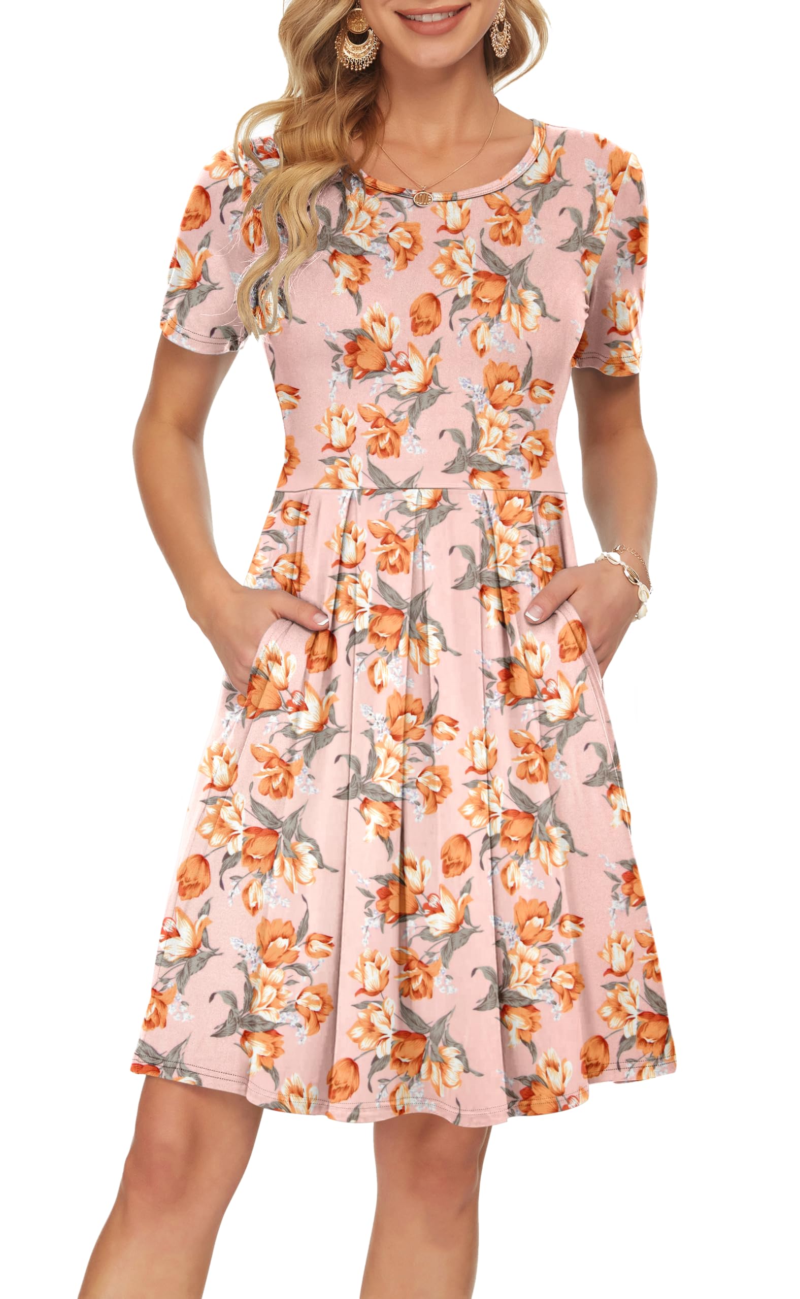 Auselily Women's Pink Tulip Summer Dress Casual Floral Bodycon Short Sleeve Pleated Loose Swing Casual Dress With Pockets Knee 2XL