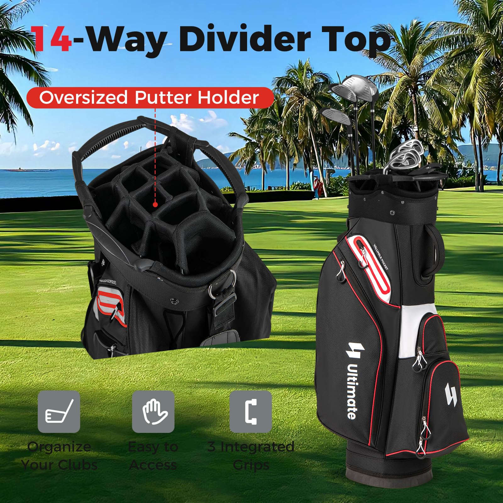 LIFEZEAL Golftasche, Golfbag tragbar mit 14 Fächern, 6 Taschen, Regenkapuze & Griffen, Golfwagentasche mit verstellbarem Schultergurt, Golf Cart Bag für Männer, Frauen