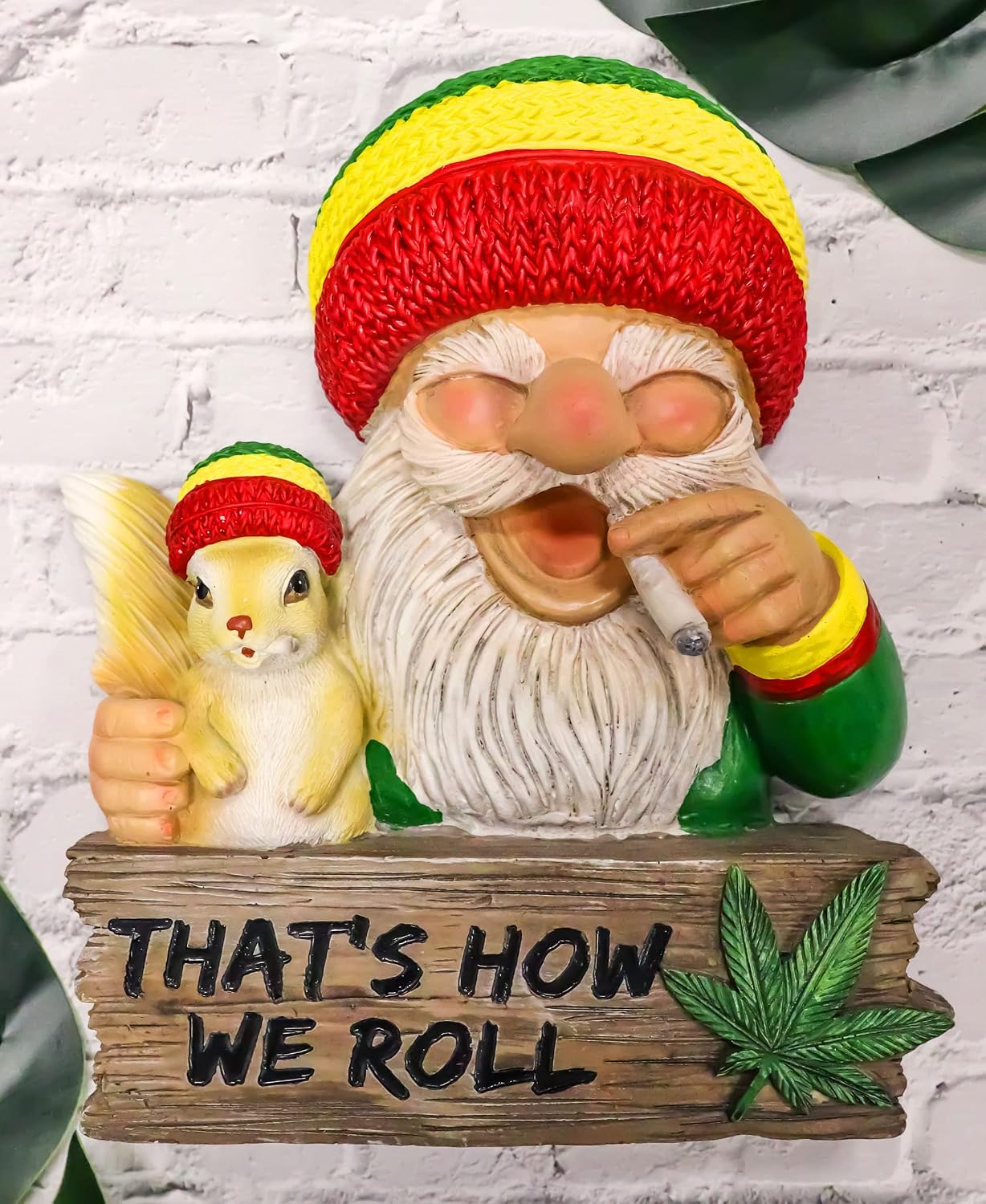 Ebros Gift Positive Good Vibes Gypsy Rasta Gnome and Squirrel with Beanie Hat Smoking Rolled Stash Leaves Decorative Wall Sculpture Plaque with 'That's How We Roll' Sign Rastafarian Gnomes Figurine