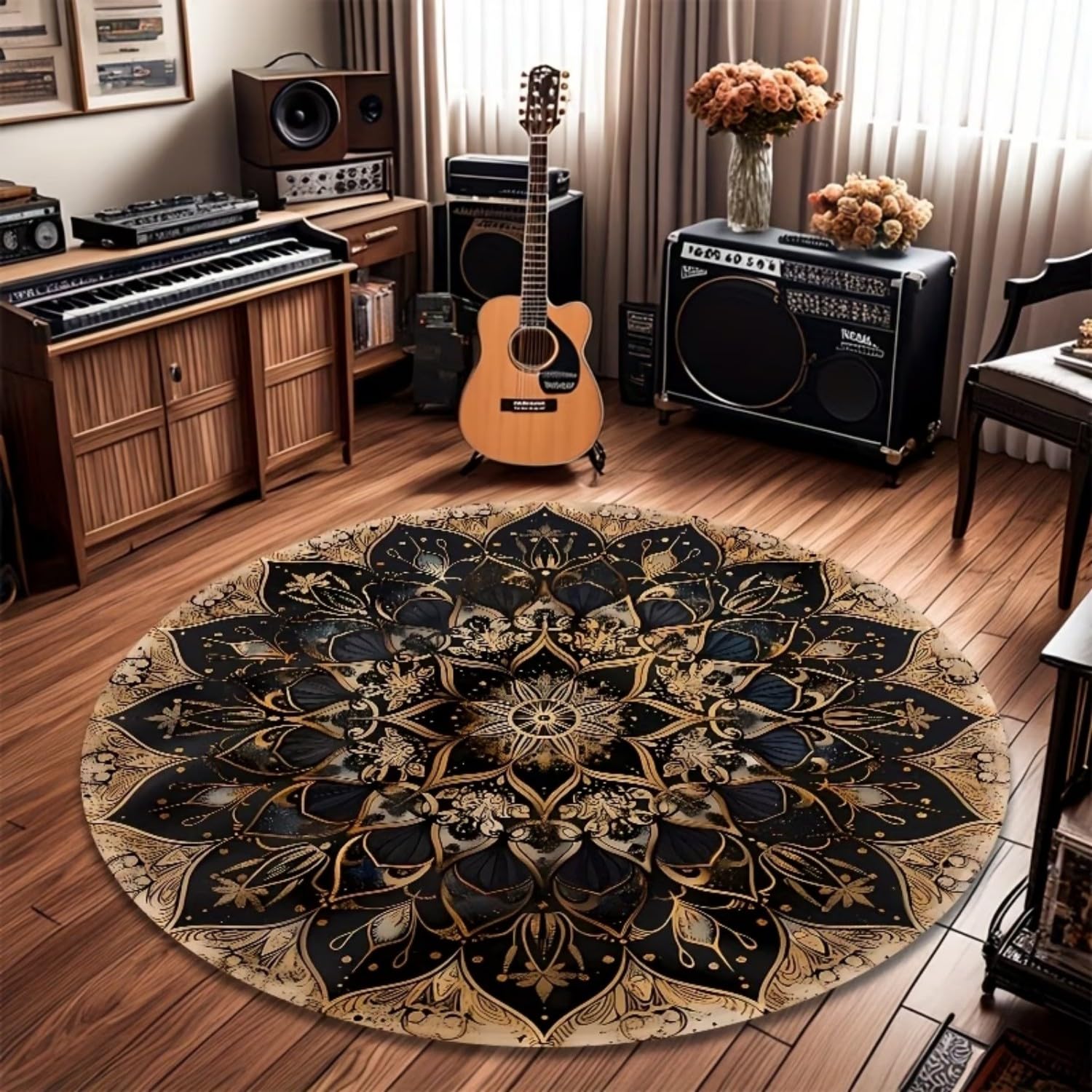 USHIRUG Round Rug for Living Room,180cm Vintage Black and Brown Mandala Floral Large Round Rug, Non-Slip, Water-Absorbent and Colorfast Carpet for Living Room, Bedroom, Kitchen, Entryway