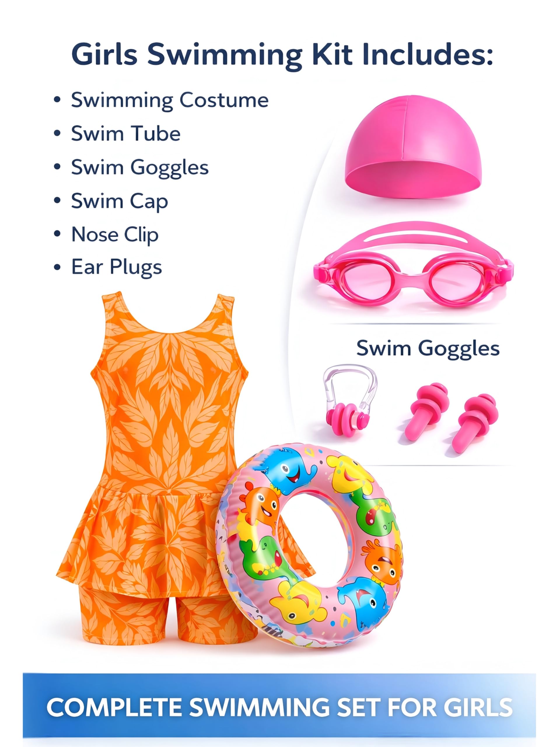 ASTER APPARELS Girls Swimming Dress Combo Set with Cap, Goggles, Tube, Nose Clip and Ear Plugs | Girls Swimming Costume with Accessories | Age 2-13 Years (in, Age, 7 Years, 8 Years, Regular, Orange) 1