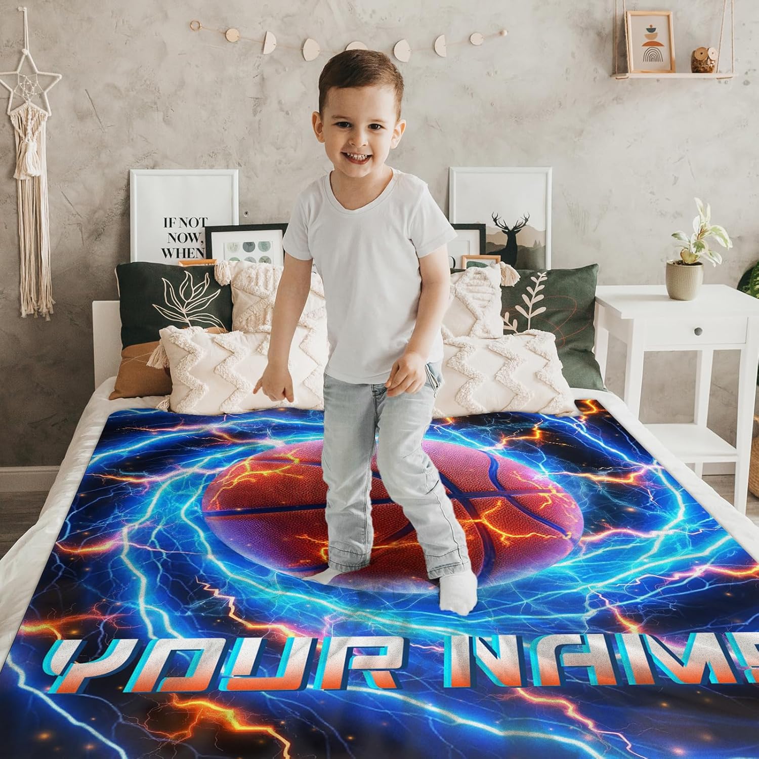 Boys Blanket Personalized Basketball Throw Blanket with Name for Men Son Husband Nephew, Blue Soft Fuzzy Throw for Sofa Couch Living Room Decor 80”x60”