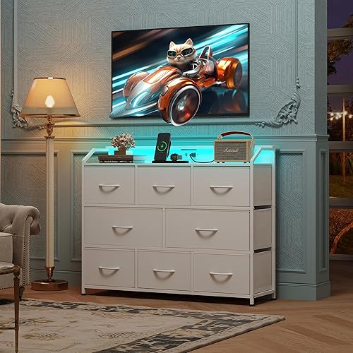 Miniatura 2 de WLIVE Cómoda LED para dormitorio, soporte de TV blanco para dormitorio con luces LED y toma de corriente, cómoda ancha para pasillo, 8 cajones de