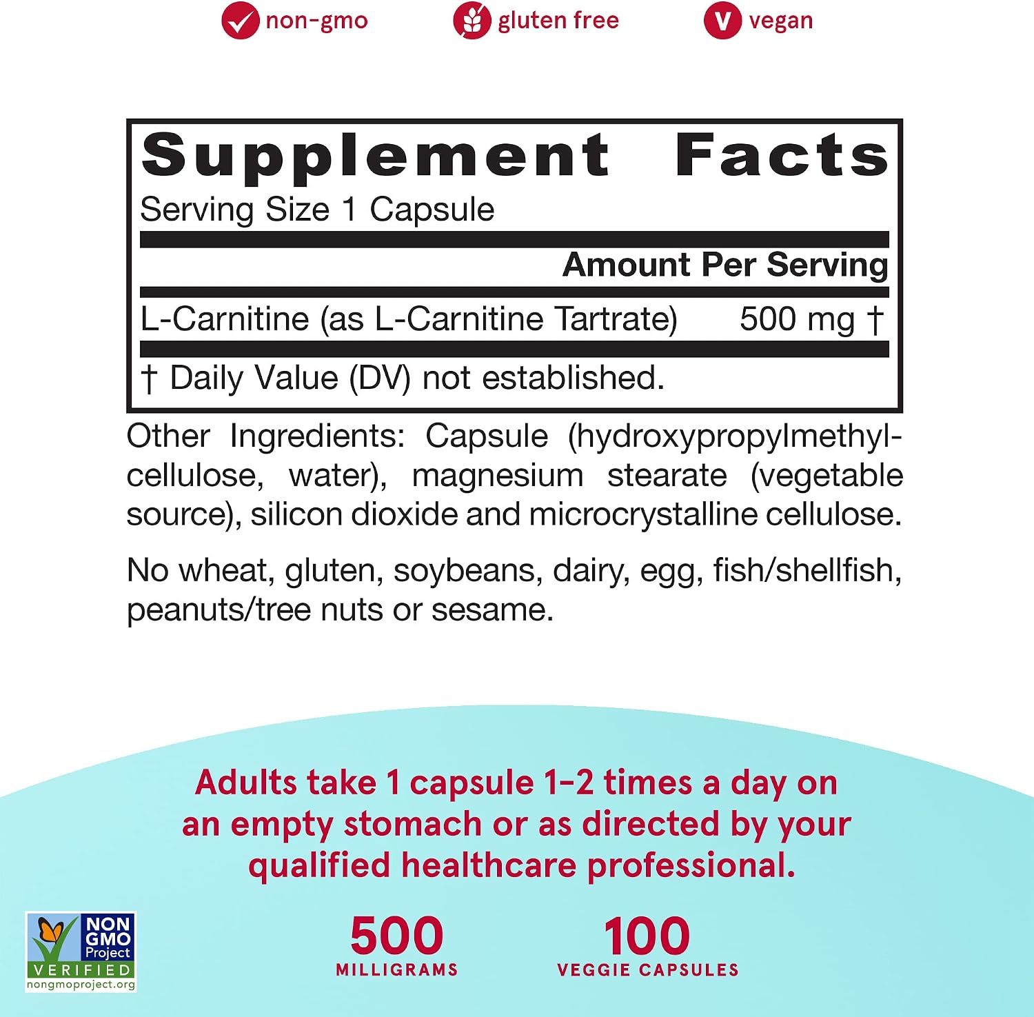 Jarrow Formulas L-Carnitine 500 mg - Important Cofactor for Energy Production (ATP) From Fats - Antioxidant Supplement For Energy Production - 100 Veggie Caps (PACKAGING MAY VARY)