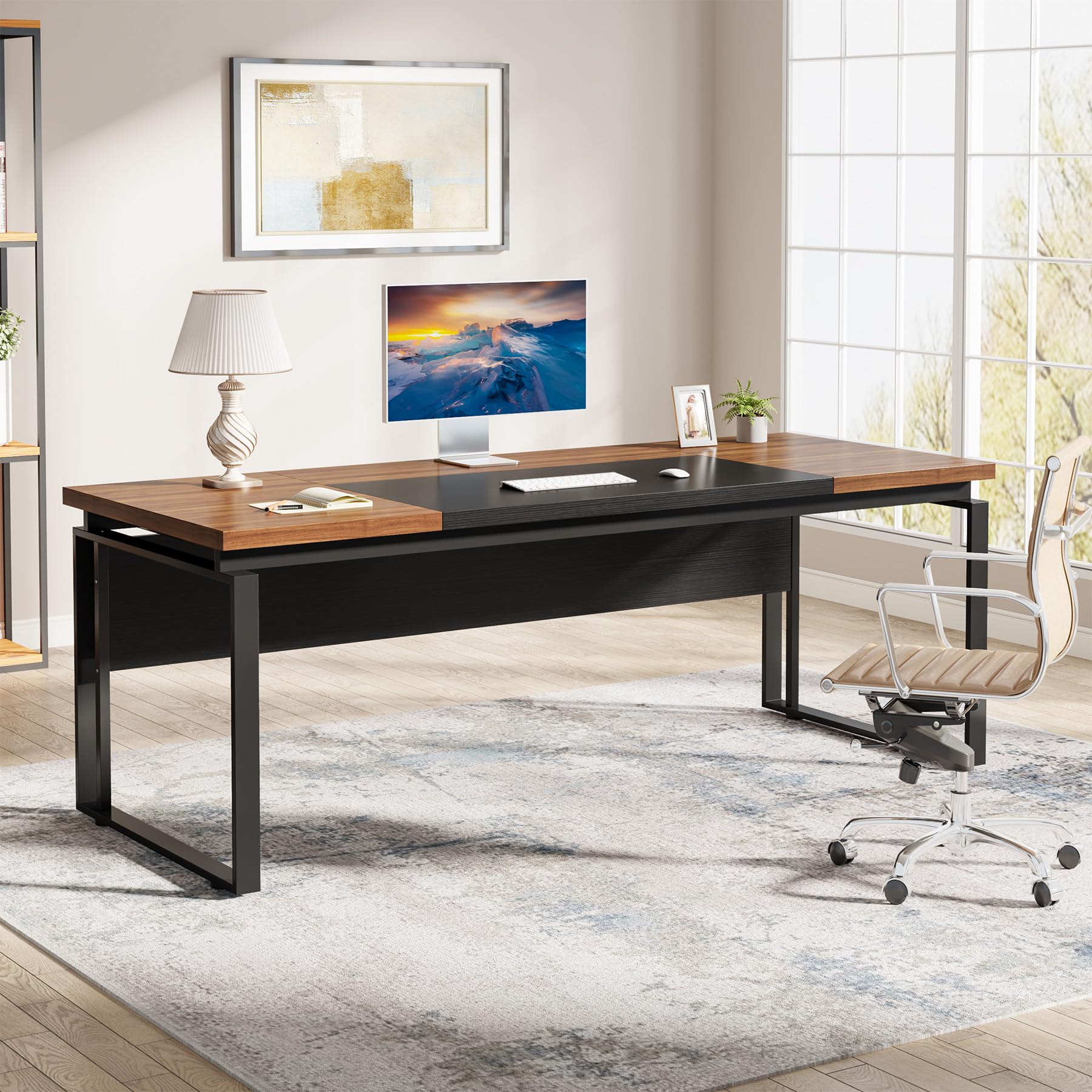 Tribesigns 63" Computer Desk Home Office Desk Writing Table for Workstation, Modern Executive Desk with Sturdy Legs (Only Table) (Walnut & Black)