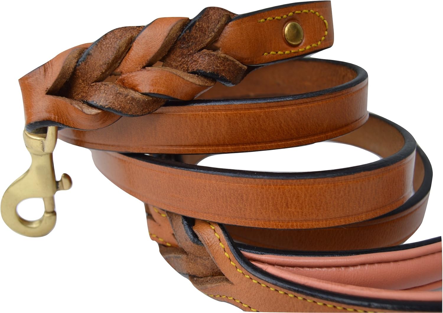 Leather Braided Dog Leash, Tan and Coral, 6 Feet x 3/4 Inch Wide, Genuine Real Leather