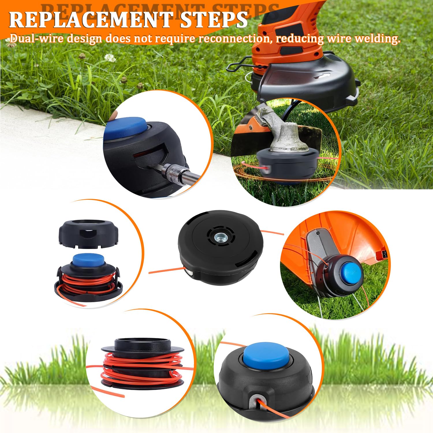 Lot de 2 Tête de Bobine T25 de Rechange M10 x 1,25 mm pour Husqvarna 966674401 122LDX 124L 125L 125LDX 128L 128LD 128DJX avec Fil Universel de 15 m et 2,4 mm et 2 Boutons de Rechange