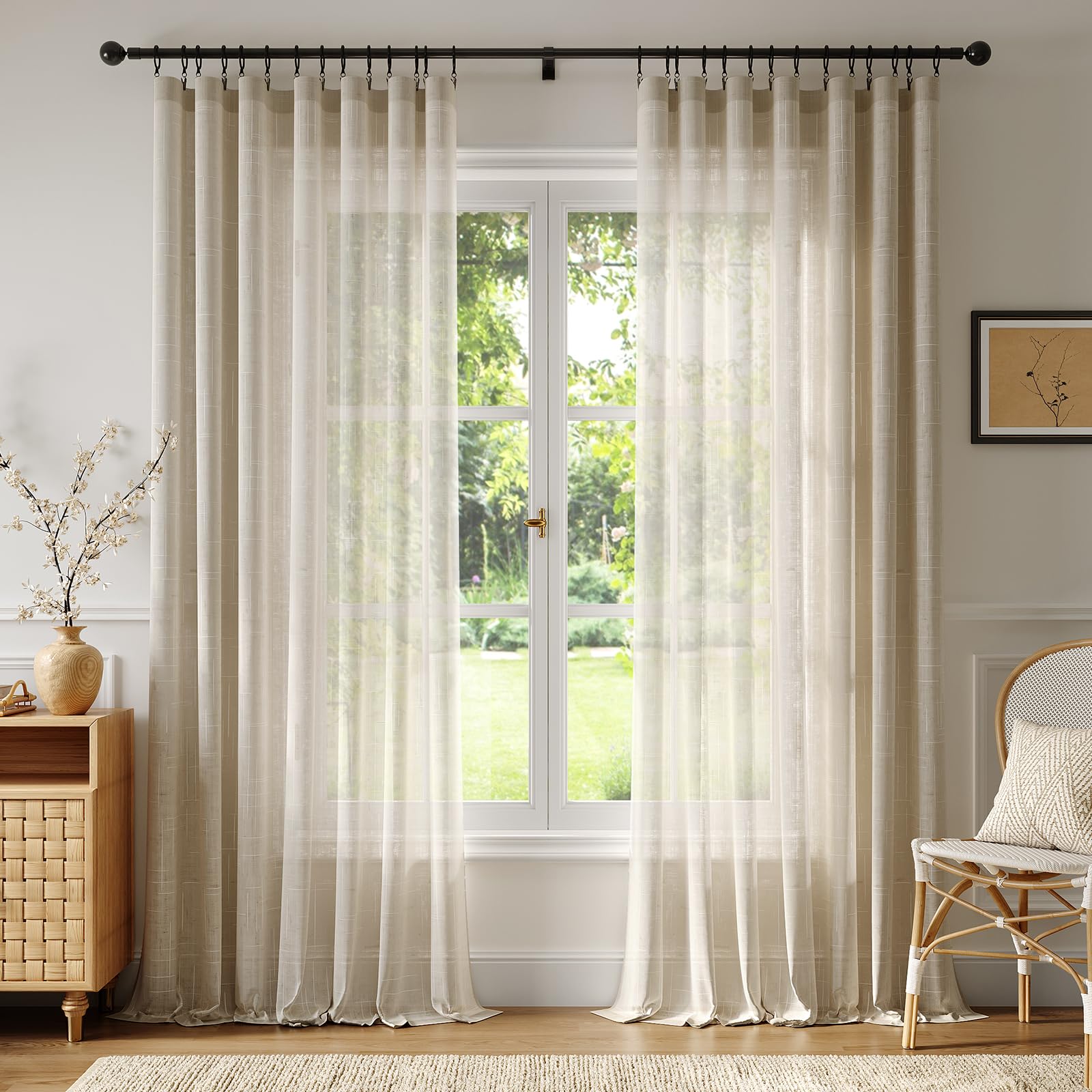 Anmao Natural Linen Curtains 2 Panels - 52"W X 45"L, Semi-Sheer Light Filtering, Haze Blue With Rings & Clips