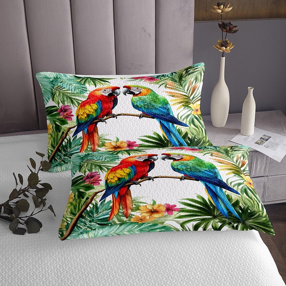 Homewish Jungle Parrot Bedspread Queen Size,Palm Leave Blossom Flower Bedding Set for Kids Girls Boys Room Decor,Tropical Bird Animal Quilt 3Pcs,Wildlife Parrot Floral Coverlet Set,2 Pillowcases