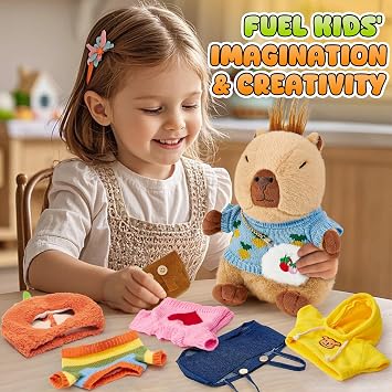 G.C Capybara Plush Toy 25cm with 5 Clothes & Purse & Hat, Dress Up Stuffed Animal Gift for Kids, Soft Cuddly Capybara Plushie Toys for Boys Girls 4 5 6 7 8 Years Old Birthday Christmas Home Decoration