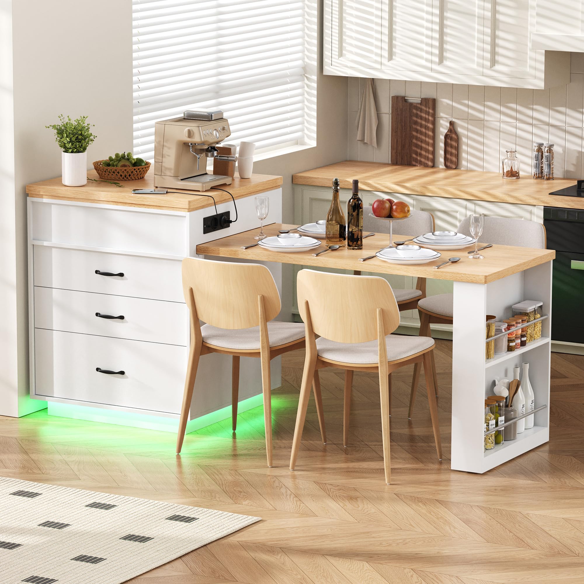 Kebnor Kücheninsel mit Rollen, Ausziehbarer Esstisch mit LED-Beleuchtung, Küchentisch mit Steckdosenleisten, dient als Kücheninsel, Anrichte, Sideboard oder Bartisch für Küche und Esszimmer (Weiß)