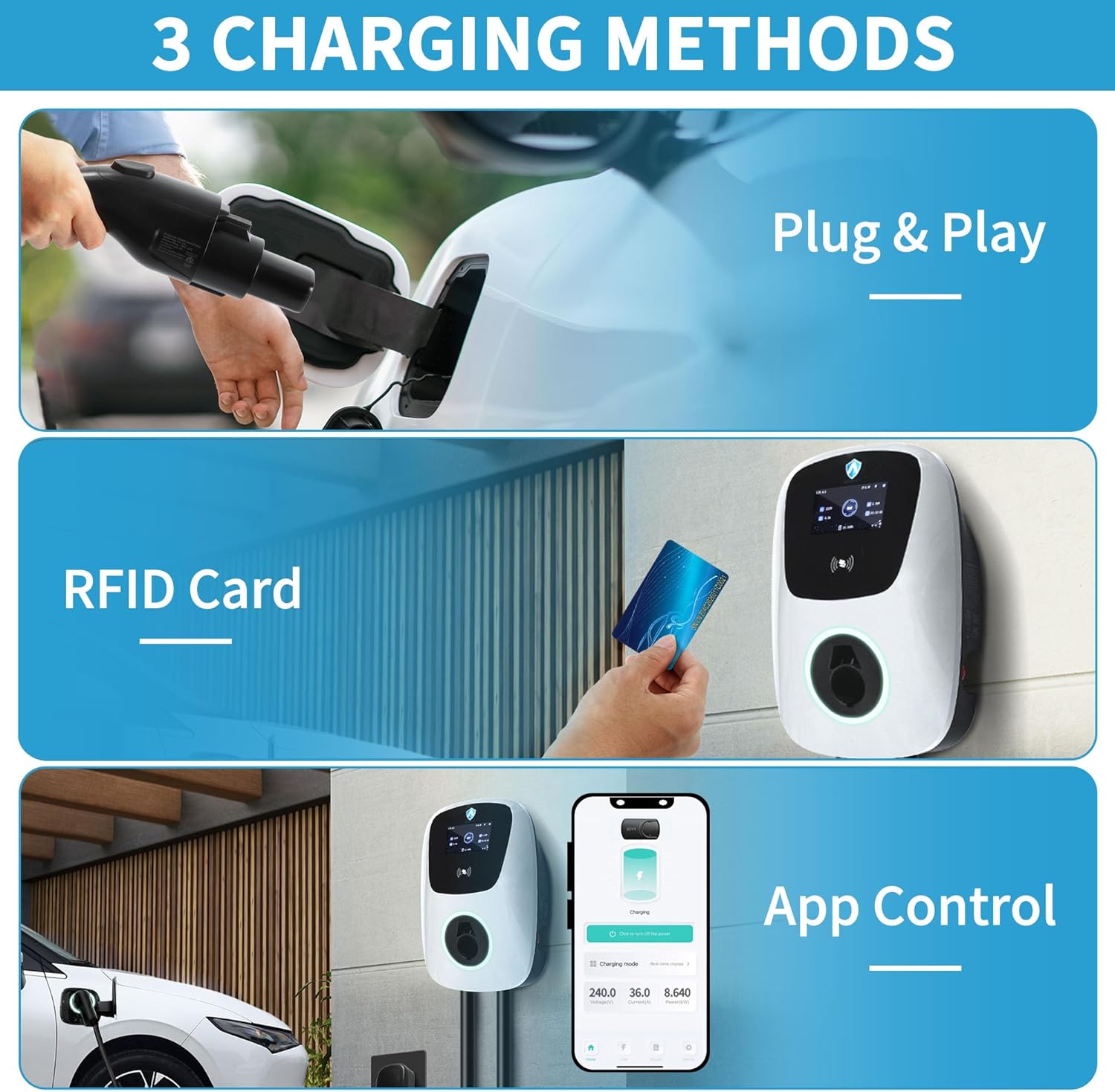 Level 2 EV Charger 240V/48A J1772 Electric Vehicle Charger NEMA 14-50 Plug Charging Station w/for Tesla Adapter w/App Control RFID Card WiFi 24Ft Cable Indoor/Outdoor Fast Charger
