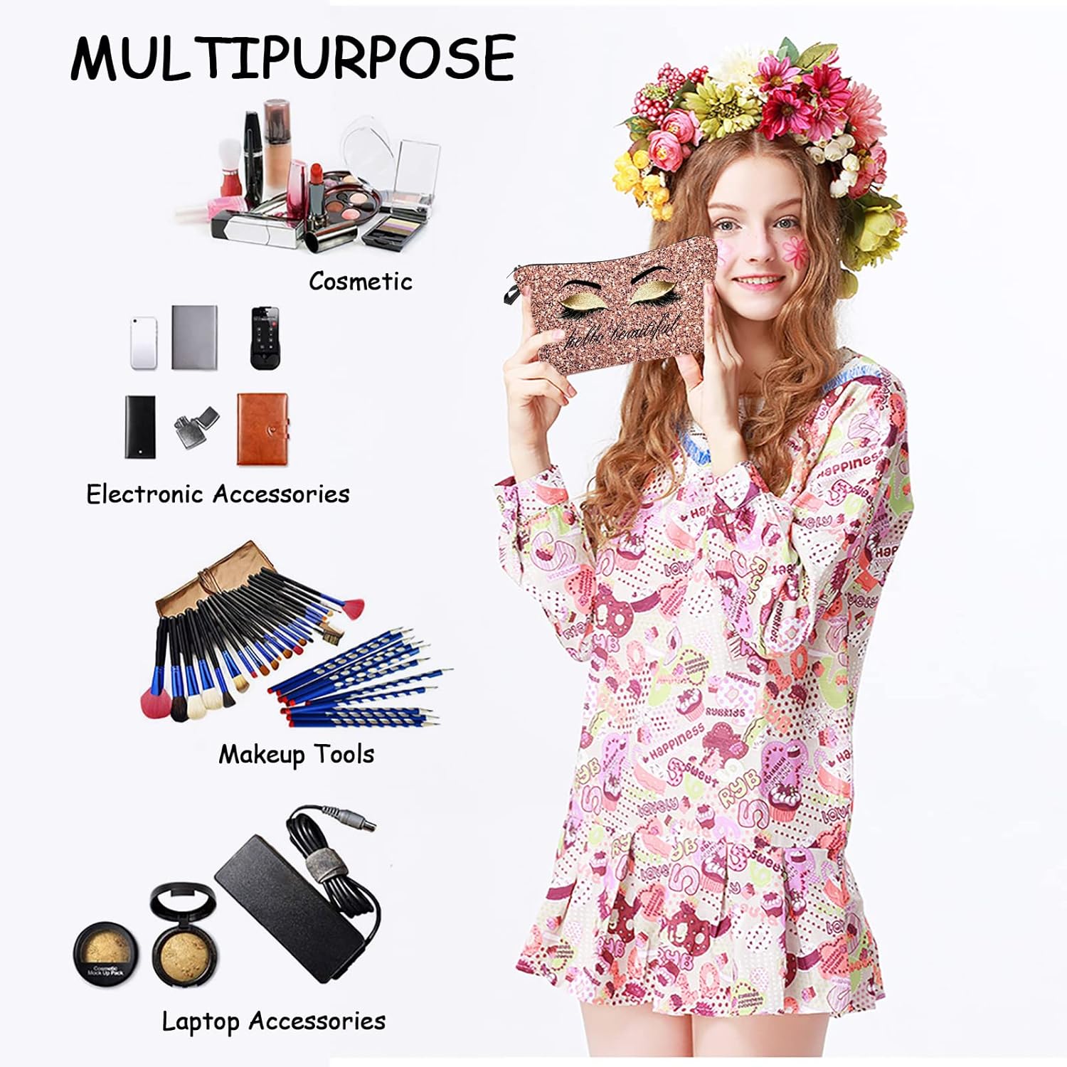 Hello Beautiful Makeup Bag for Purse Eyelash Pink Cosmetic Bags for Women Inspirational Gift Small Funny Cosmetics Glitters Eyeshadows Travel Bag Cases for Toiletries Accessories Organizer - Image 7