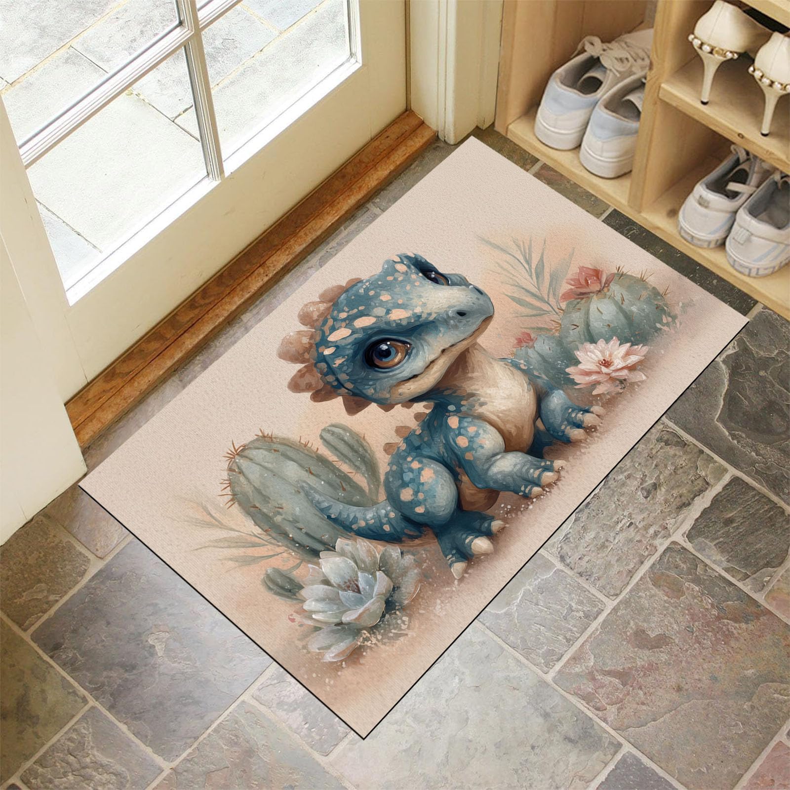 Tapis entrée maison lavable anti-saleté motif dinosaure pour sol propre