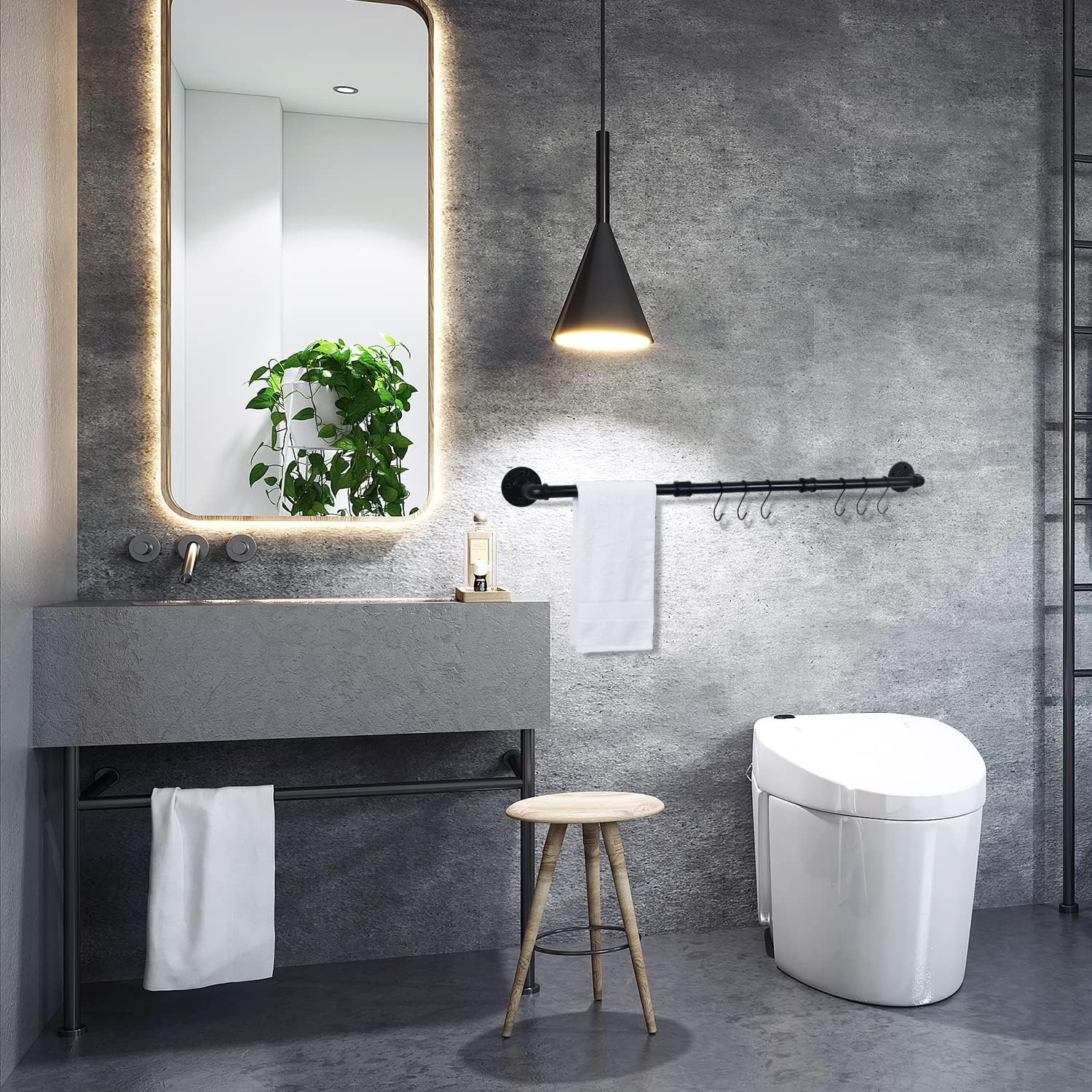 HouseAid 36 Inch Industrial Pipe Towel Bar, Farmhouse Iron Hand Towel Holder, Vintage Style Towel Rod for Bathroom, Wall Mounted, Matte Black (Hook Included) 36 inch (Black)