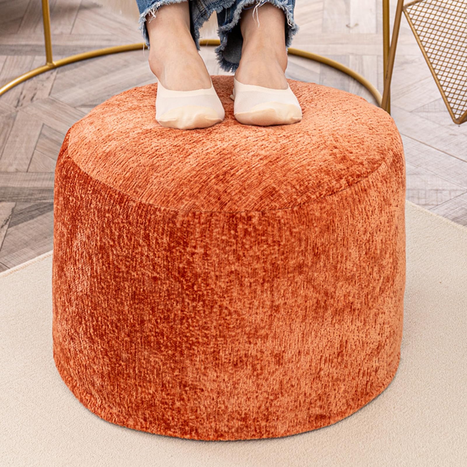 AbunHeri Round Boucle Pouf Ottoman Modern Foam Filled Foot Rest Multifunctional Foot Rest Coffee Table Floor Pouf Seat for Living Room Bedroom Orange