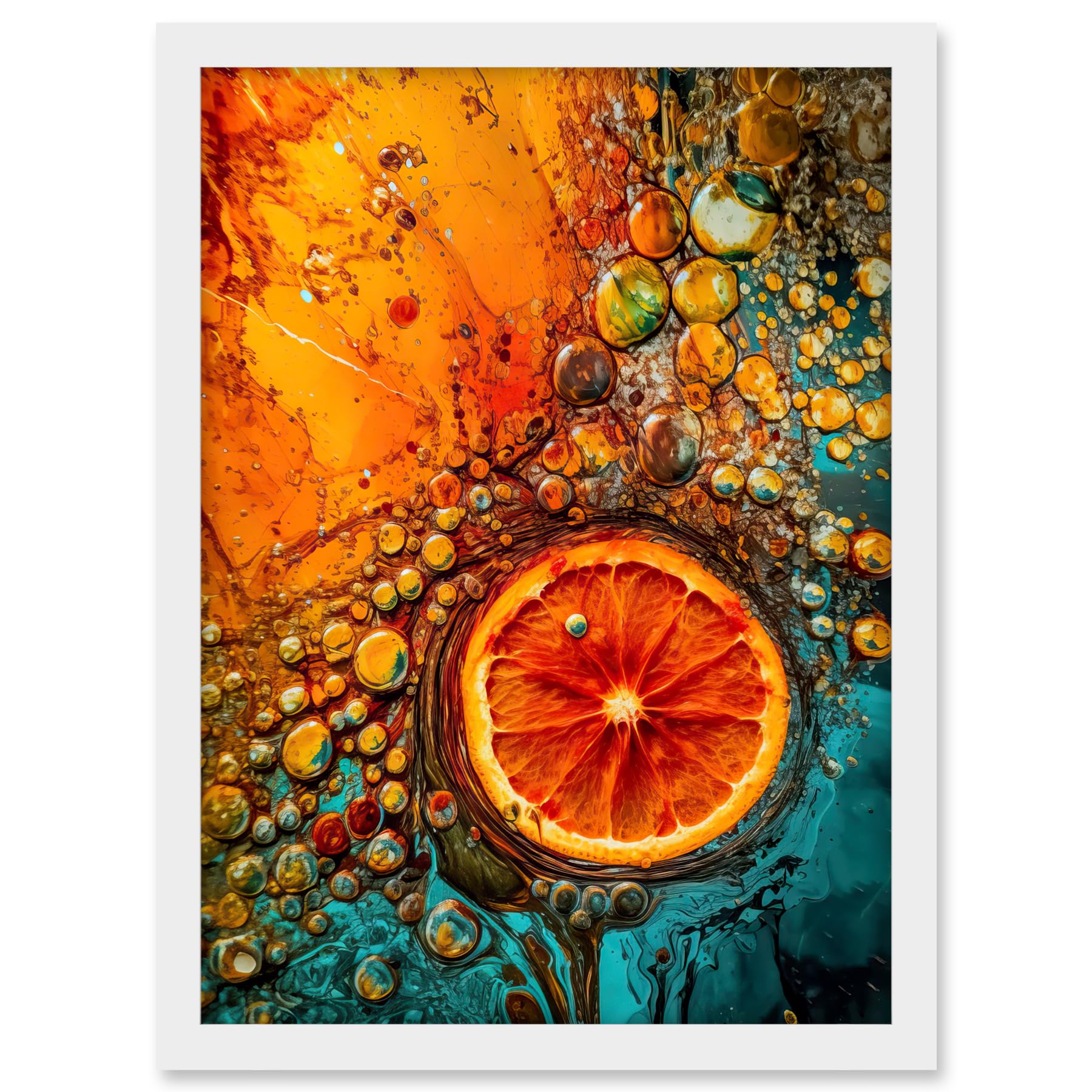 Artery8 Abstract Liquid Paint Dried Orange Fruit Slice Artwork Framed A3 Wall Art Print
