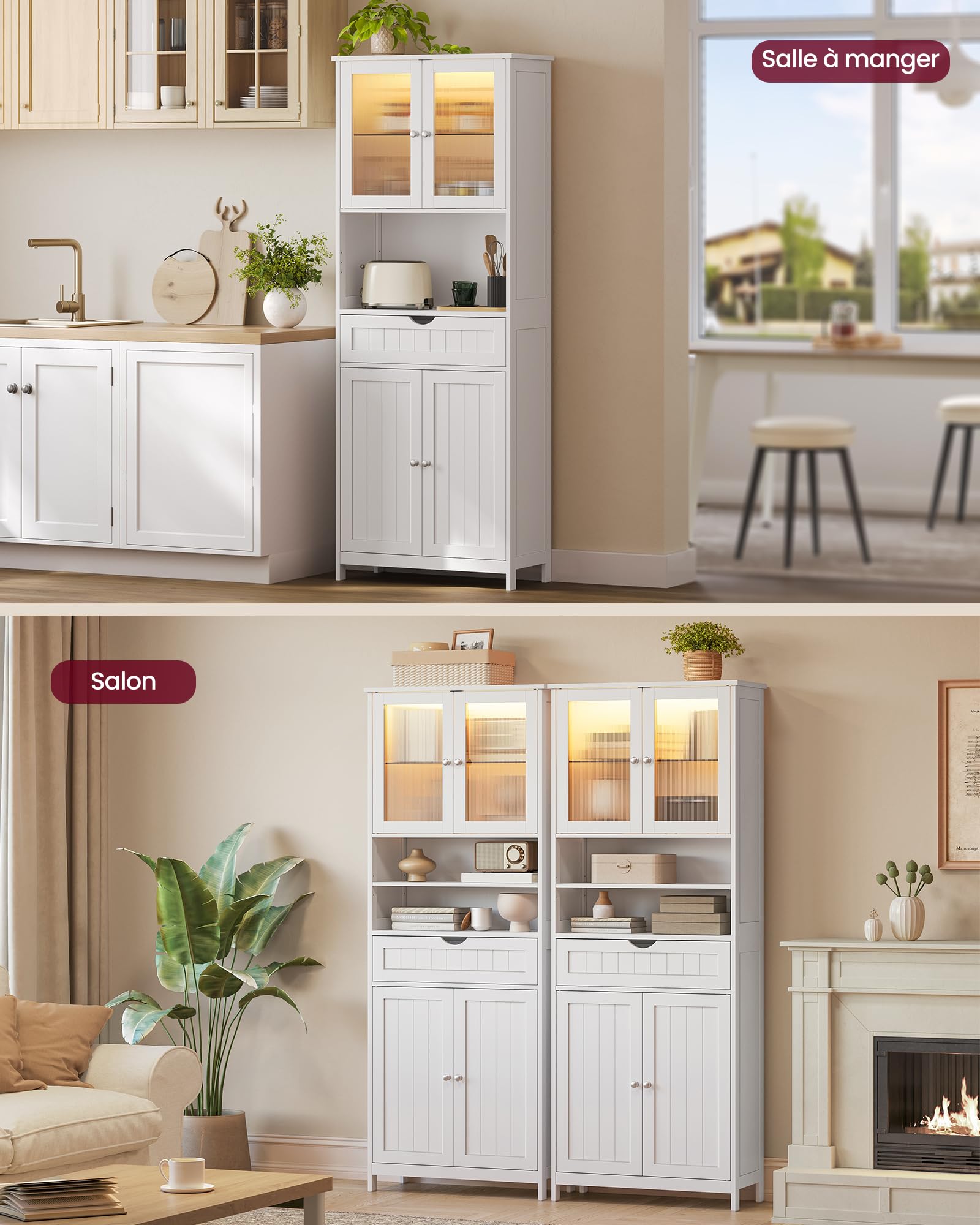 VASAGLE Meuble de Rangement avec Éclairage, Armoire de Salle de Bain, avec Étagères Réglables, Tiroir, Compartiments Ouverts, pour Salle de Bain, Salon, Salle à Manger, Blanc Nuage BBC767W03