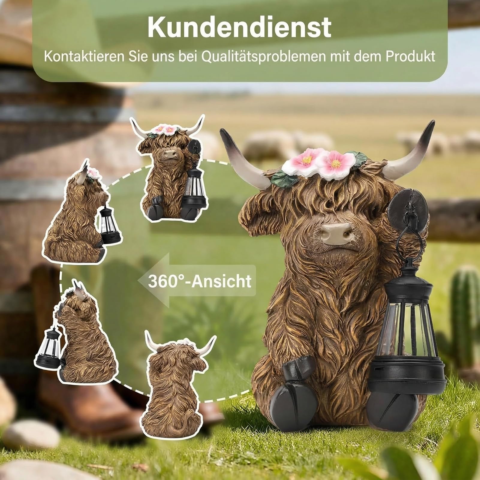 Highland Cow Kuh Figuren mit Blumen Solar Deko für Gartendeko & Wohnzimmer - Solar-Laterne, Bernstein-LED, autom. EIN/Aus, wetterfeste Harzfigur für Garten, Balkon & Bauernhof-Deko
