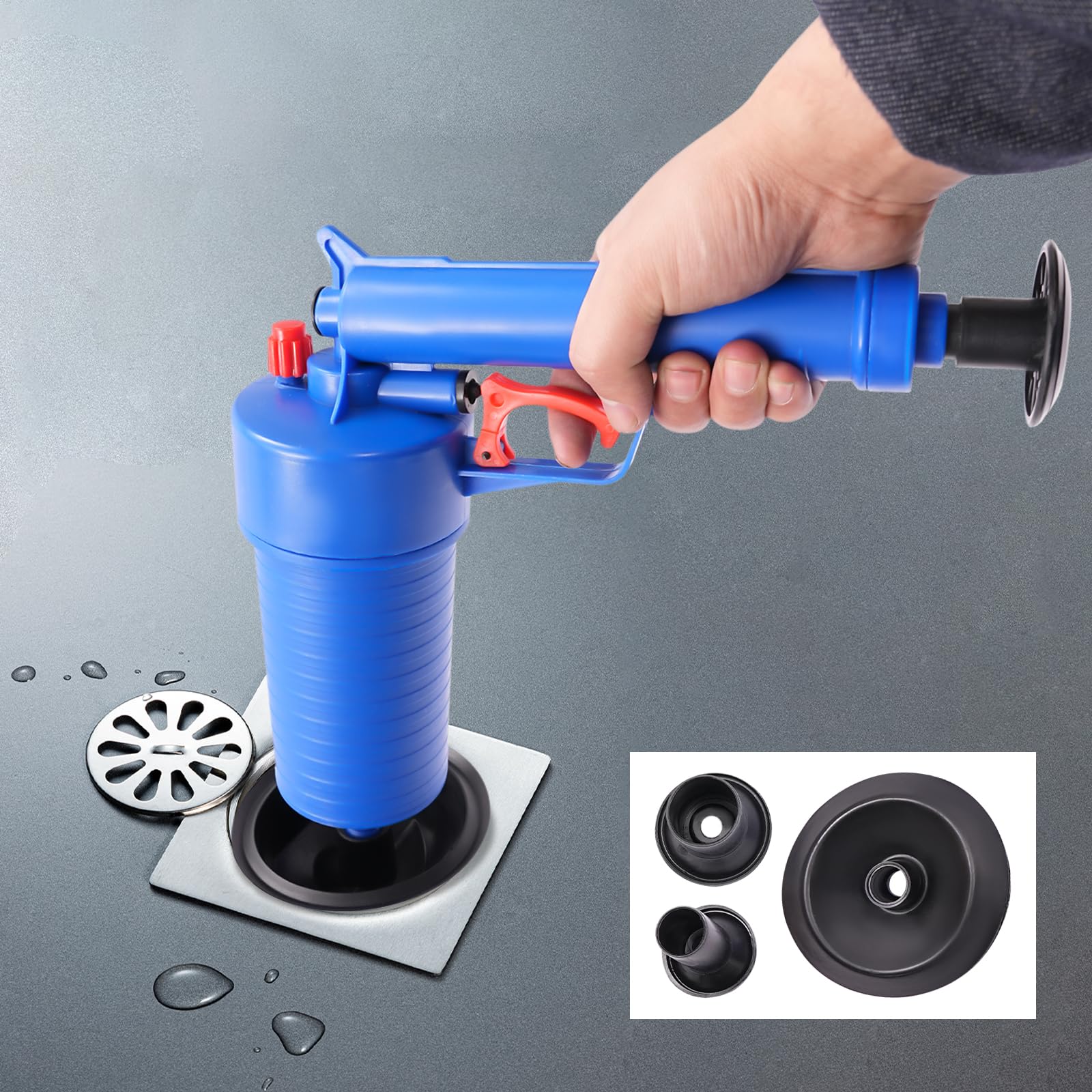 Limpiador de tuberías de aire comprimido, 4 bares, bomba de desagüe, juego de limpieza de tuberías para desagüe de suelo, lavabo, aguas residuales, bañera, azul oscuro (azul)