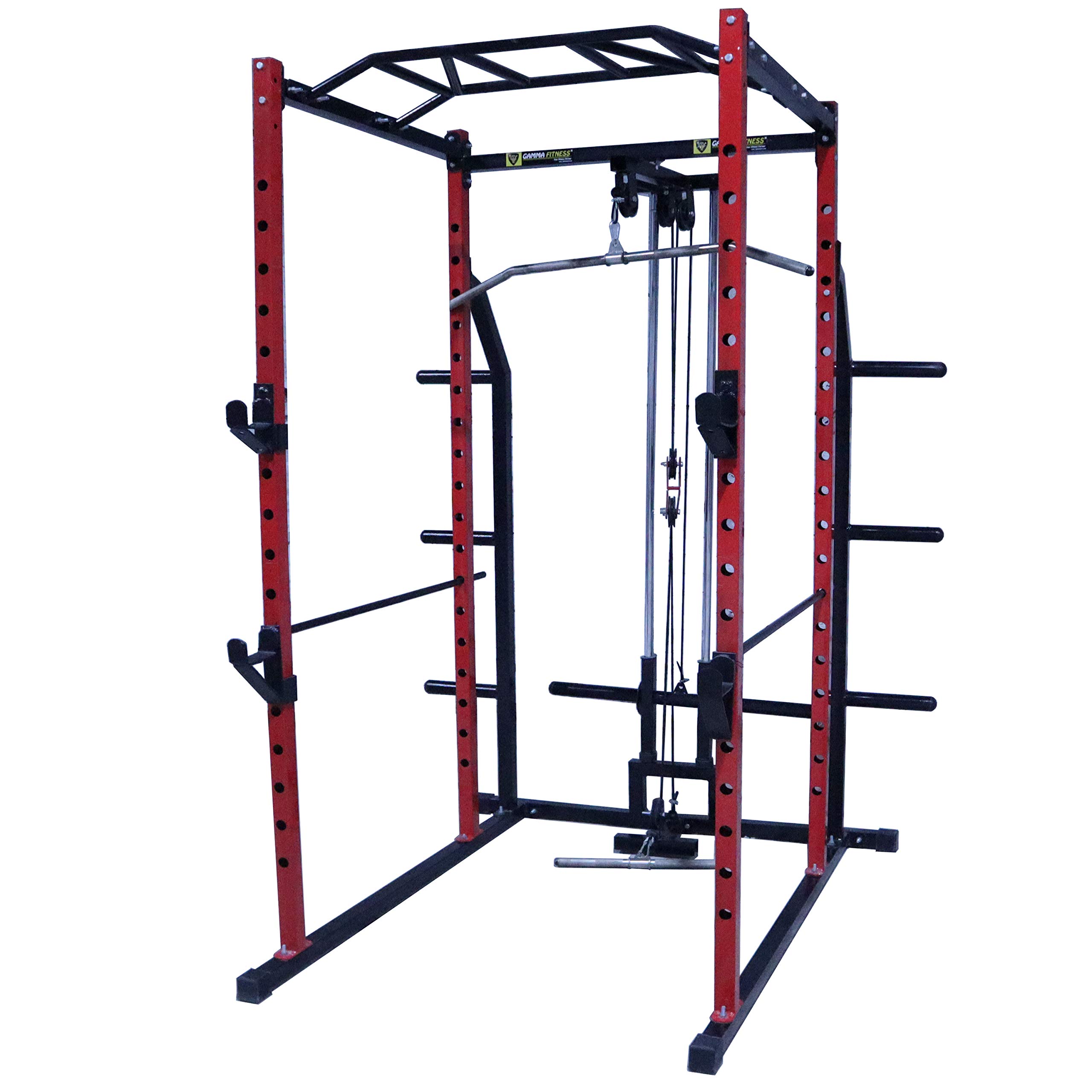 Gamma Fitness Steel Power Squat Rack PR-27 with LATS Pull Down, Rowing Land Mine, Multi-Step Chinning for Home Gym Or Commercial Gym Purpose (Red, Black)