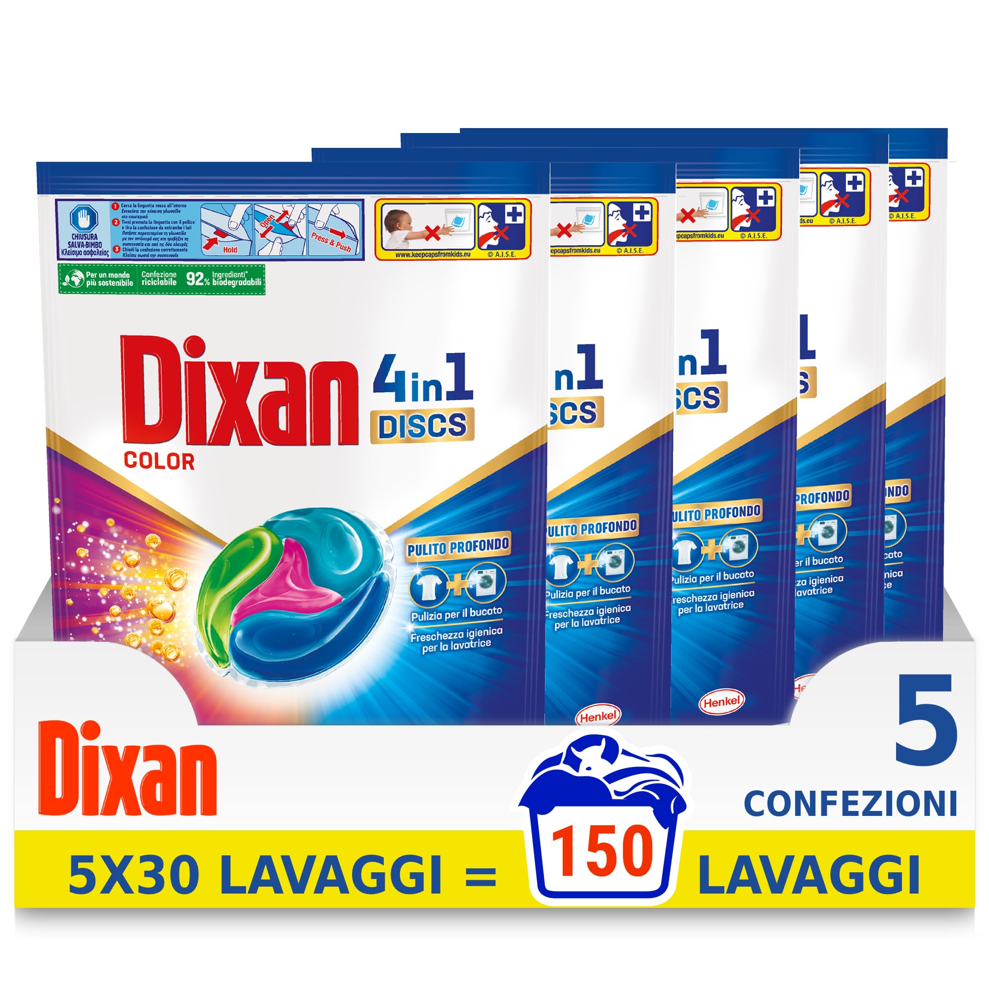 Dixan Discs Color - Detergente para lavadora en cápsulas, paquete de 5 x 30 lavados