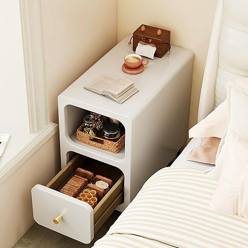 Miniatura 2 de Mesita de noche de madera maciza, mesita de noche estrecha con cajones, mesita de noche moderna blanca de mediados de siglo, mesa auxiliar pequeña
