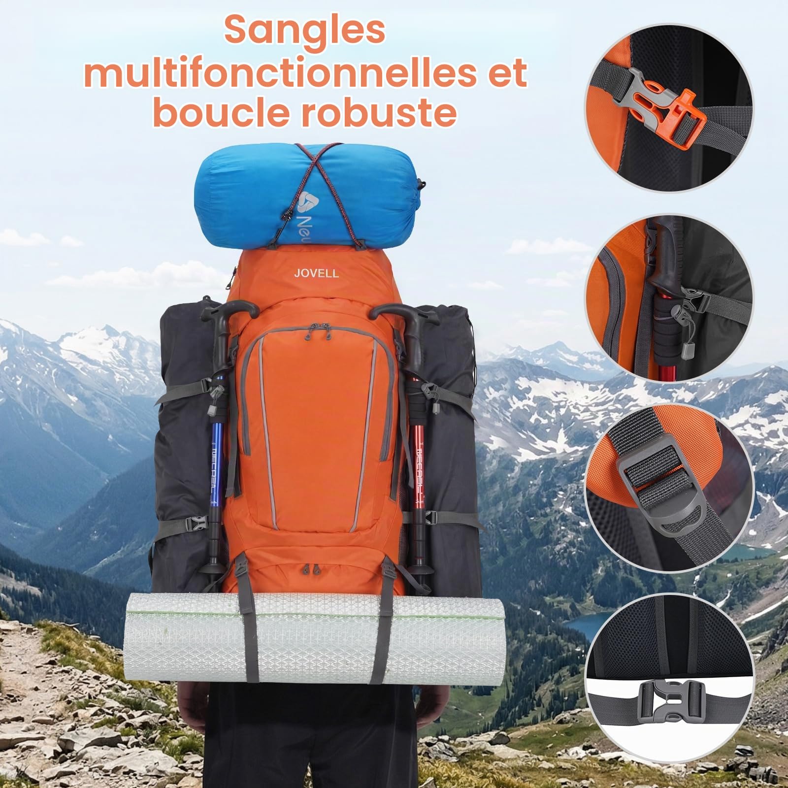Sac à Dos de Randonnée 70L avec Couvre-pluie, Imperméable pour le Camping et le Voyage. Idéal pour les Sports Outdoor, l'Escalade, le Trekking et la Randonnée. Bagage Homme et Femme (Orange)