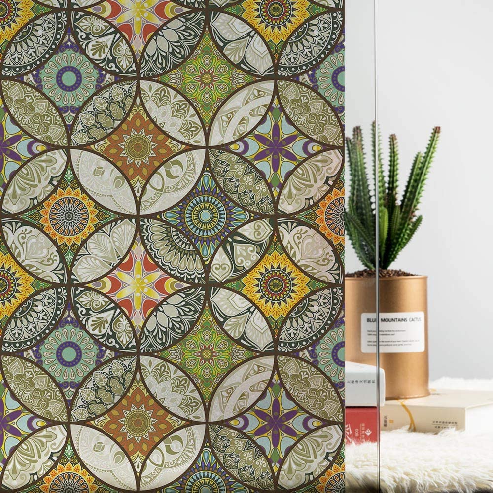 dktie Película decorativa para ventana, pintura sobre vidrio, estática, adhesiva, vidrio esmerilado, motivos de círculos, protege la privacidad, autoadhesiva para ventana (Amarillo, 90 x 300 cm)
