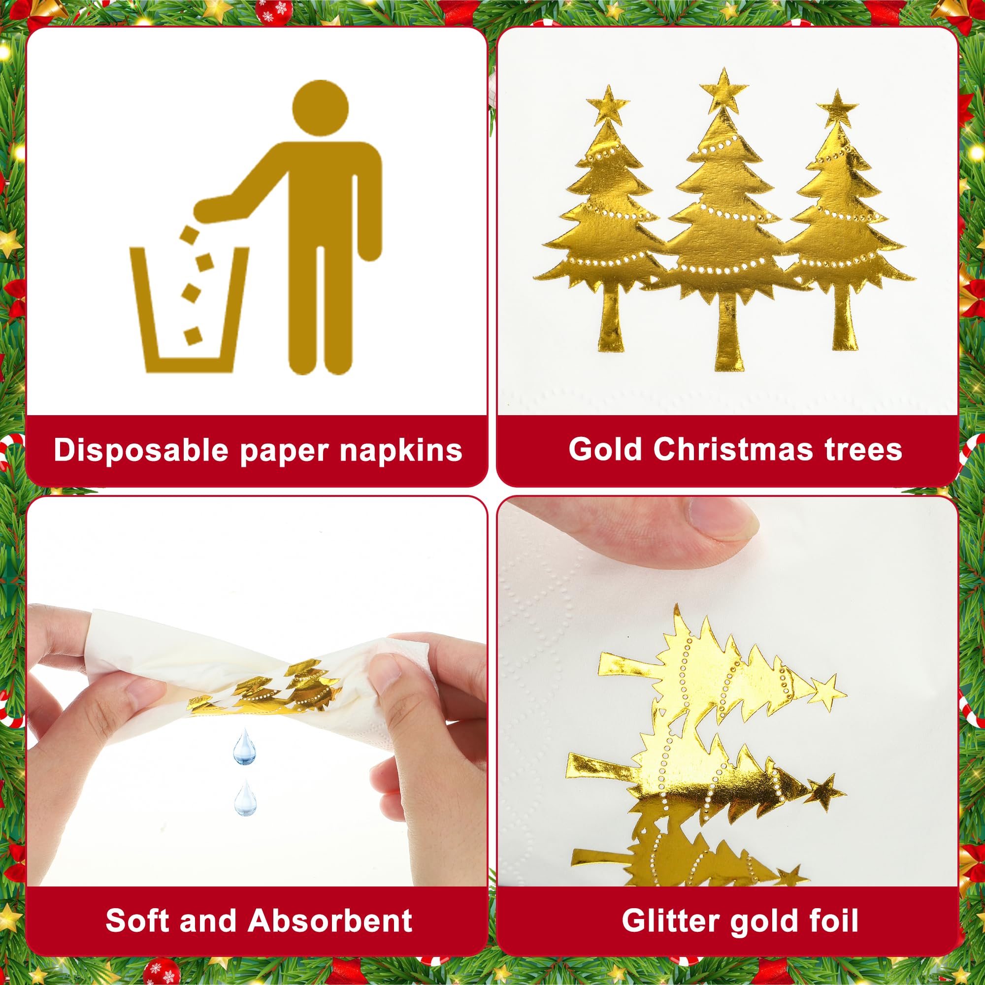 100 servilletas de cóctel de Navidad, servilletas de papel de aluminio dorado, servilletas desechables de árbol de Navidad, servilletas de 3 capas blancas y doradas para Navidad, vacaciones, cocina,