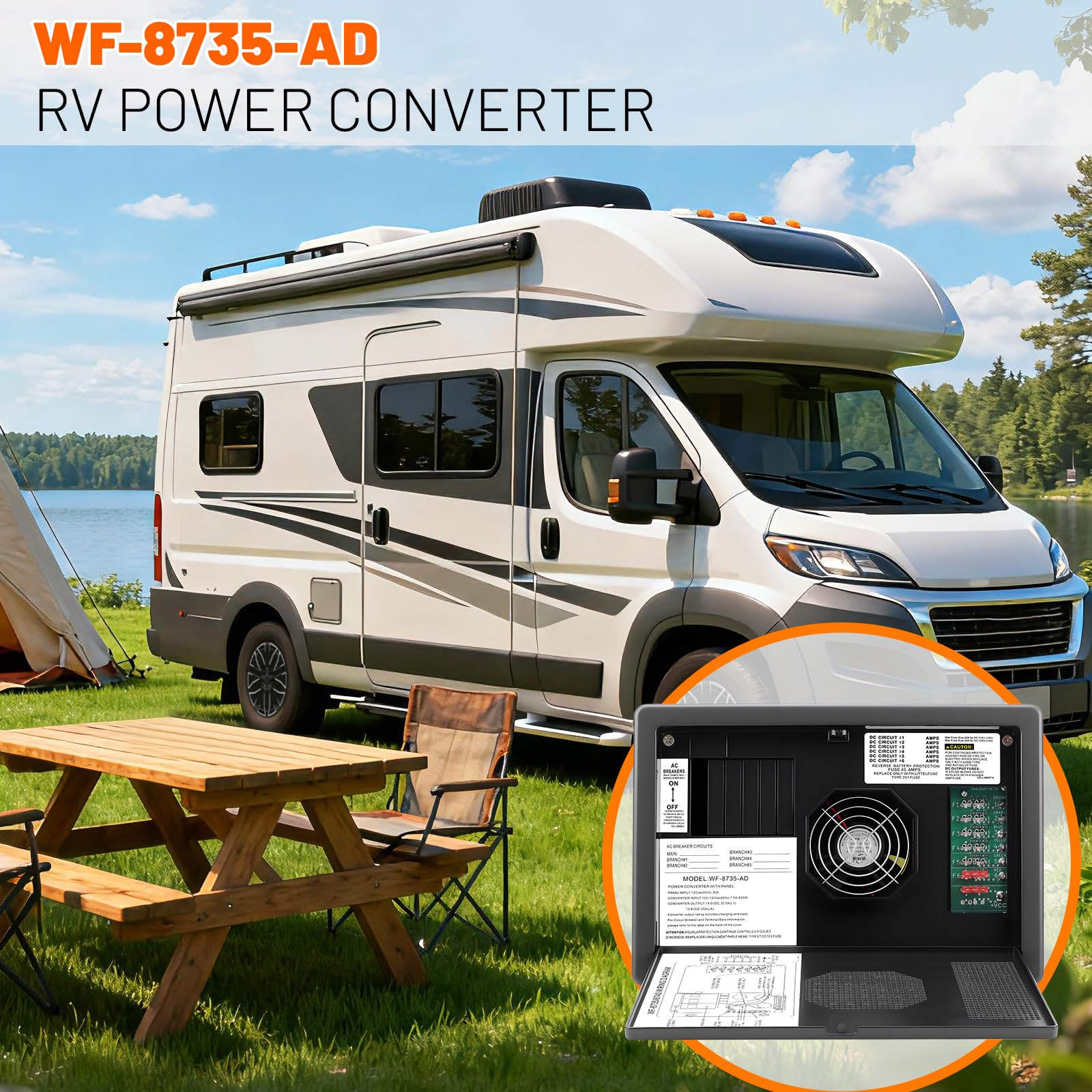 KAOLALI WF-8735-AD - Convertitore di potenza RV da 30 Amp, alimentatore WF-8735-AD 30 Amp, caricabatterie WF-8735, adatto per camper, roulotte, rimorchi da viaggio, uscita CC 30/35 Amp