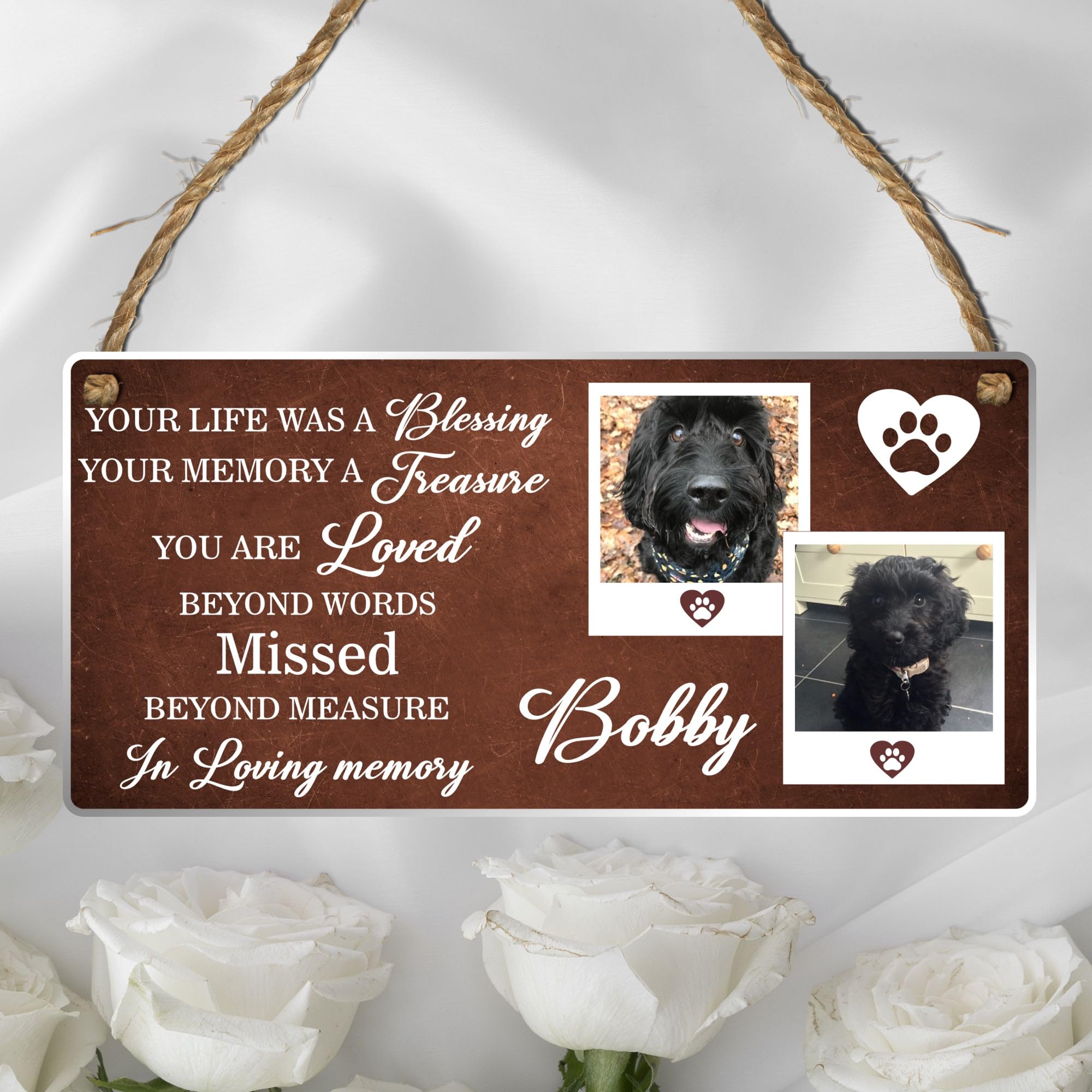 Personalised Pet Photo Plaque - 'Your Life Was A Blessing...' Hanging Sign, Perfect for Dogs, Cats, Horses, Rabbits & More (Acrylic Indoor & Outdoor Use 19cm x 9cm, Brown)