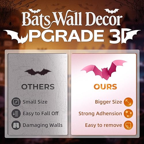 Miniatura 6 de Decoración rosa de Halloween, suministros de fiesta de Halloween, calcomanías espeluznantes para pared, murciélagos 3D, bonitas decoraciones