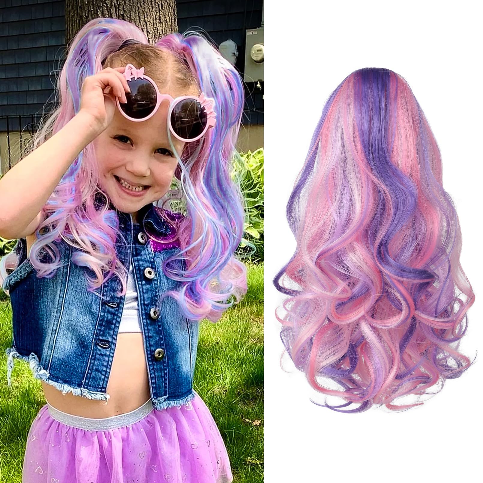 SEIKEA Ponytail Extension, 16" Lightweight Wavy Curly Clip in Hair Extensions, Colored for Kids, Crazy Hair Day Accessories for Girls Synthetic