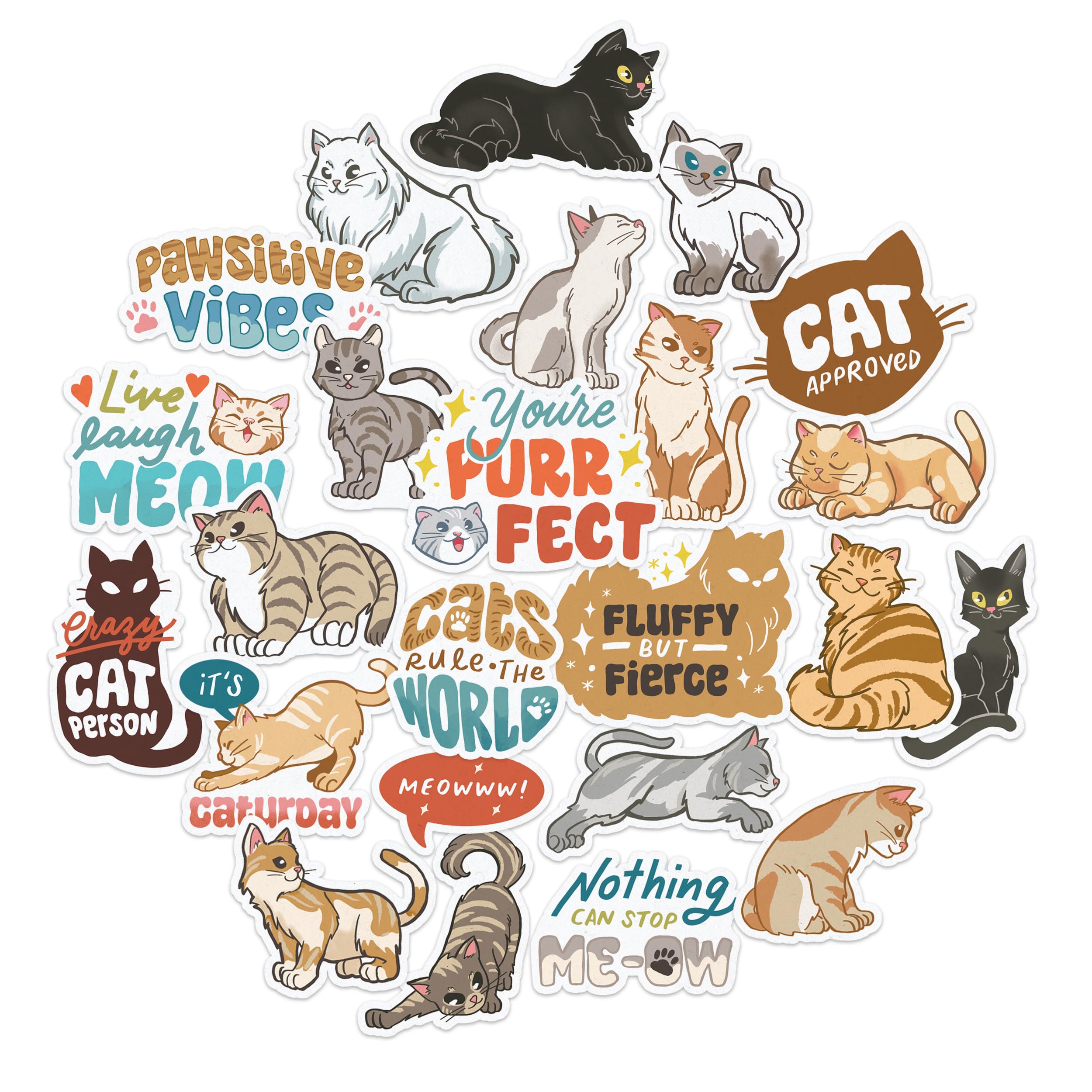 Navy Peony Curious Cat Stickers (24pcs)-Cute, Waterproof Cat Quotes Decals for Pet Lovers, Adults, Teens, Kids, Laptop, Water Bottles, Party Favors