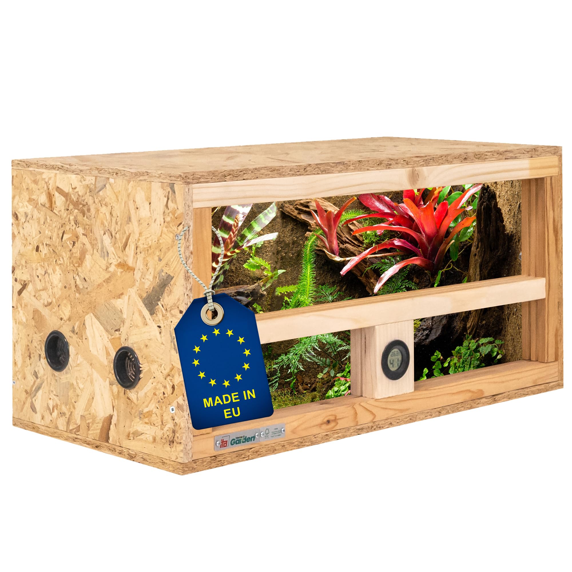 ITA Mini terrario 60x30x30 cm con ventilazione laterale e igrometro integrato - Terrario in legno OSB-3 - Per rettili, serpenti, anfibi - Prodotto UE, certificato FSC
