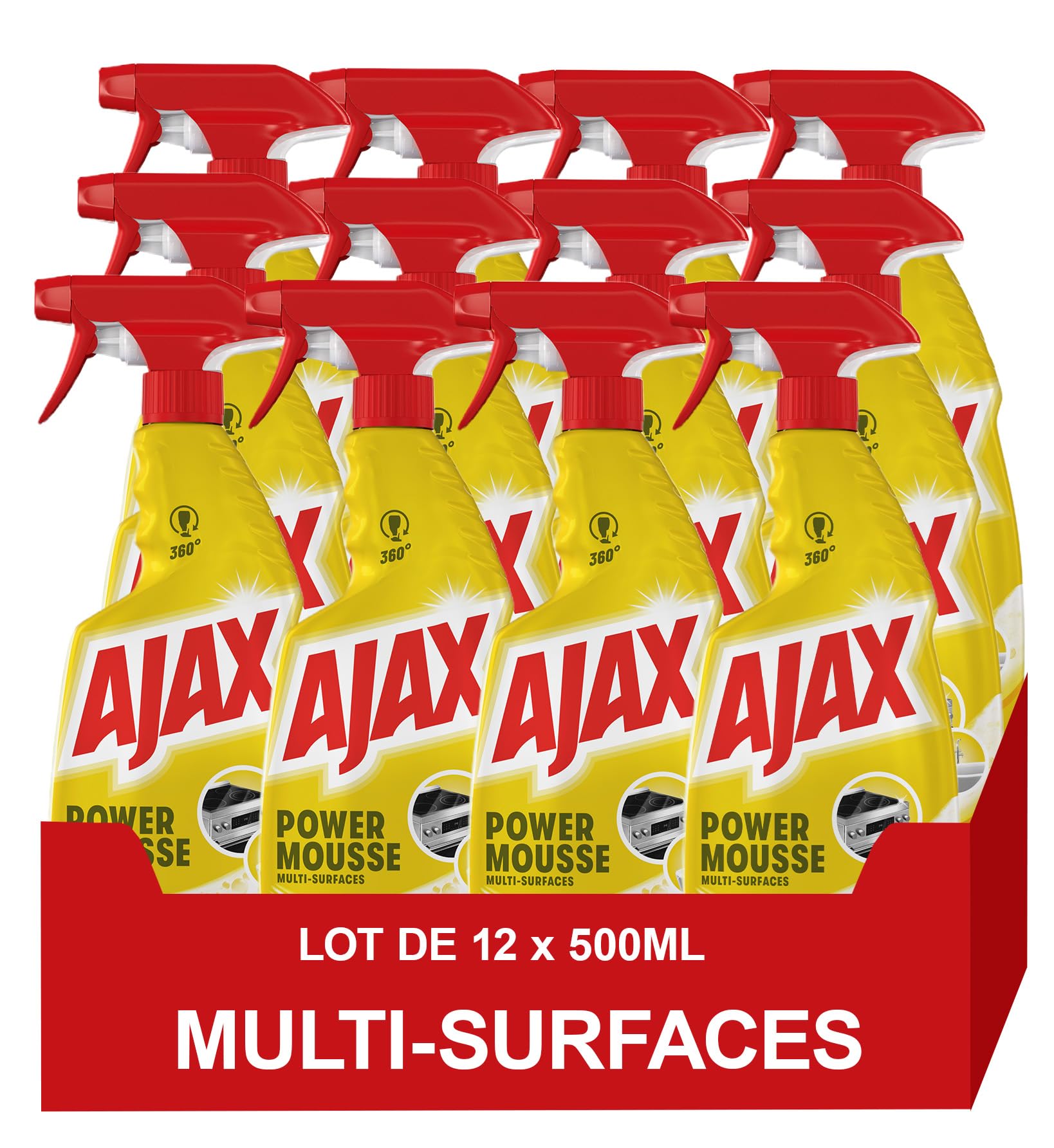 Ajax, Nettoyant Multi-Surfaces Power Mousse, Spray, Lot de 12 x 500 ml