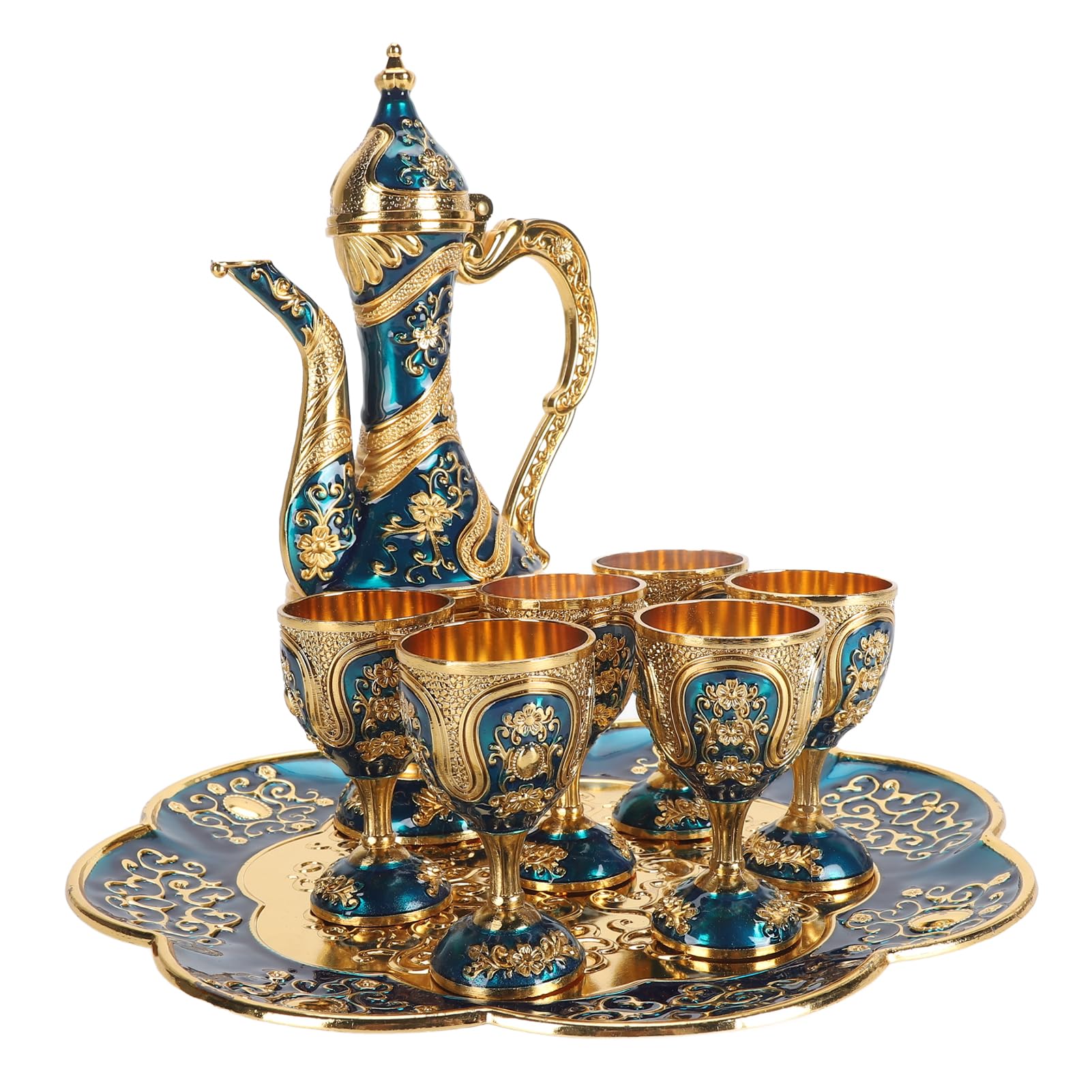 CHICIRIS Türkisches Vintage-Teeservice mit Elegantem Design für Partys und Hochzeiten, Zinklegierungsmaterial – 1 Kanne, 6 Tassen, Tablett (Goldblau)