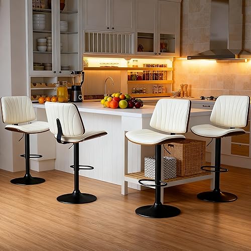 Miniatura 6 de ECOTOUGE Juego de 4 taburetes de bar, taburetes de bar ajustables para isla de cocina con respaldo y asiento de cuero, taburetes de bar giratorios