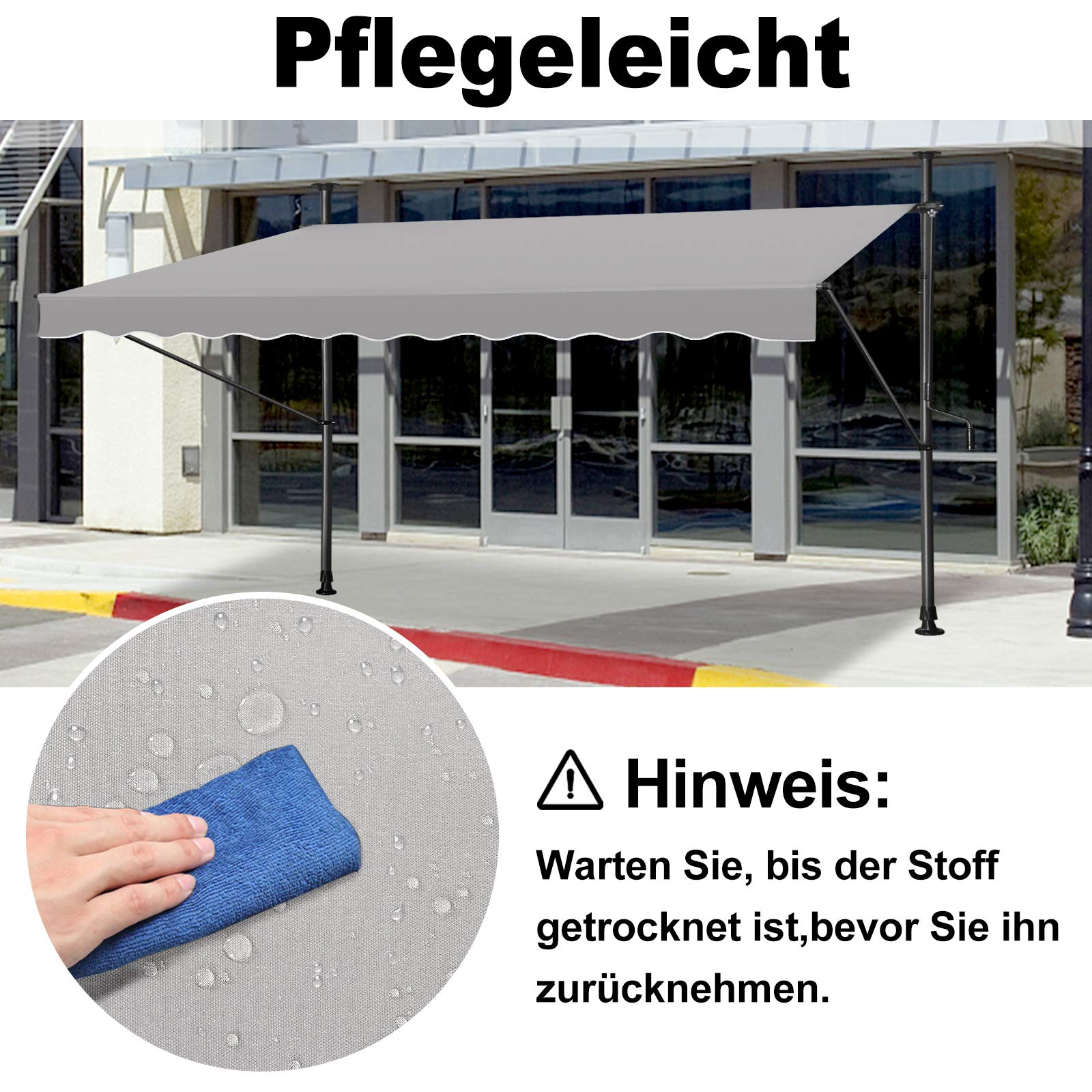 Klemmmarkise Balkon, Markise Einziehbar Manuell, Handkurbel, höhenverstellbar, UV-beständig, ohne Bohren, 100% Polyester (250x120cm, Grau)
